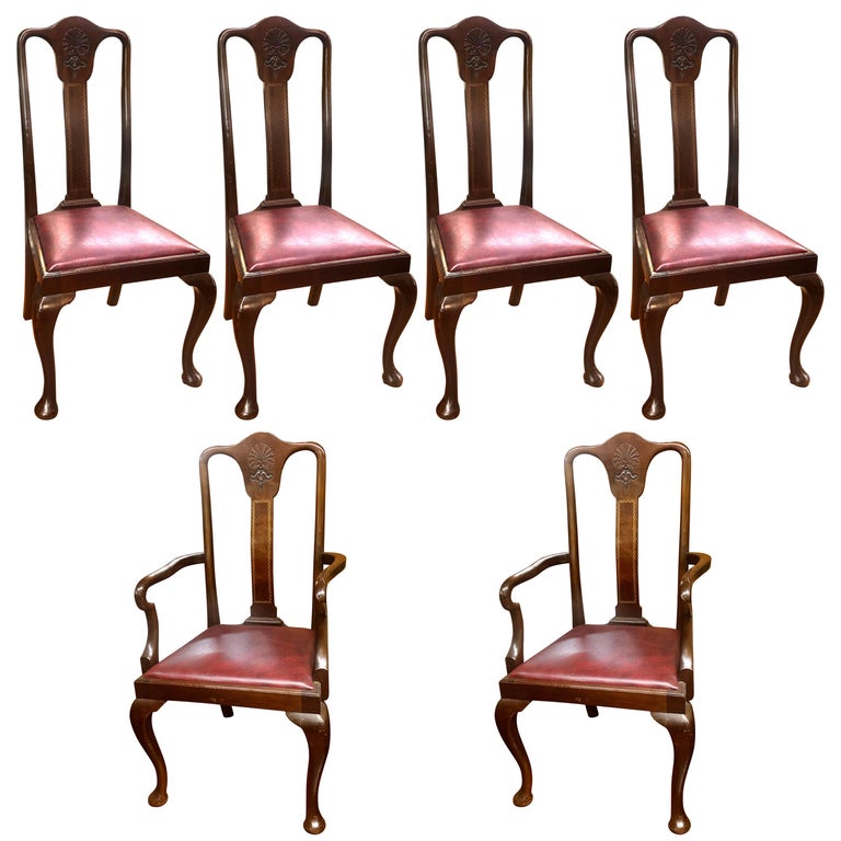 Set 6 '4+2' Antique English Inlaid Mahogany Queen Anne Style Dining Chairs For Sale at 1stDibs