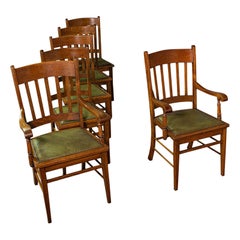 Set, 6, Antique Dining Chairs, English, Oak, Carver, Seat, Arts & Crafts Taste