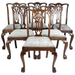 Set 6 Antique English Edwardian Oak Chippendale Dining Chairs Georgian Revival