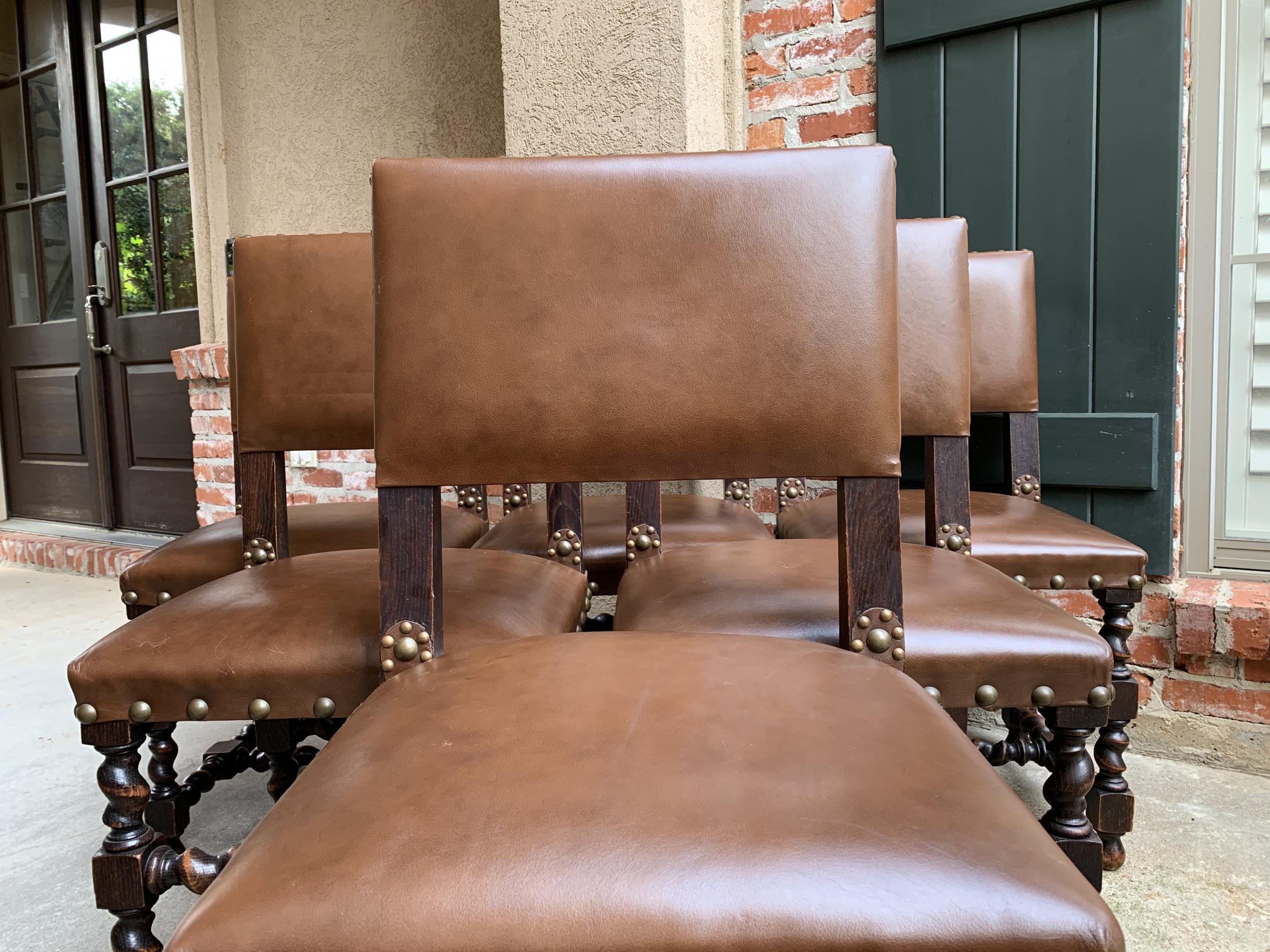Set of 6 English Oak Dining Chairs Barley Twist Brass Trim Jacobean Style 1