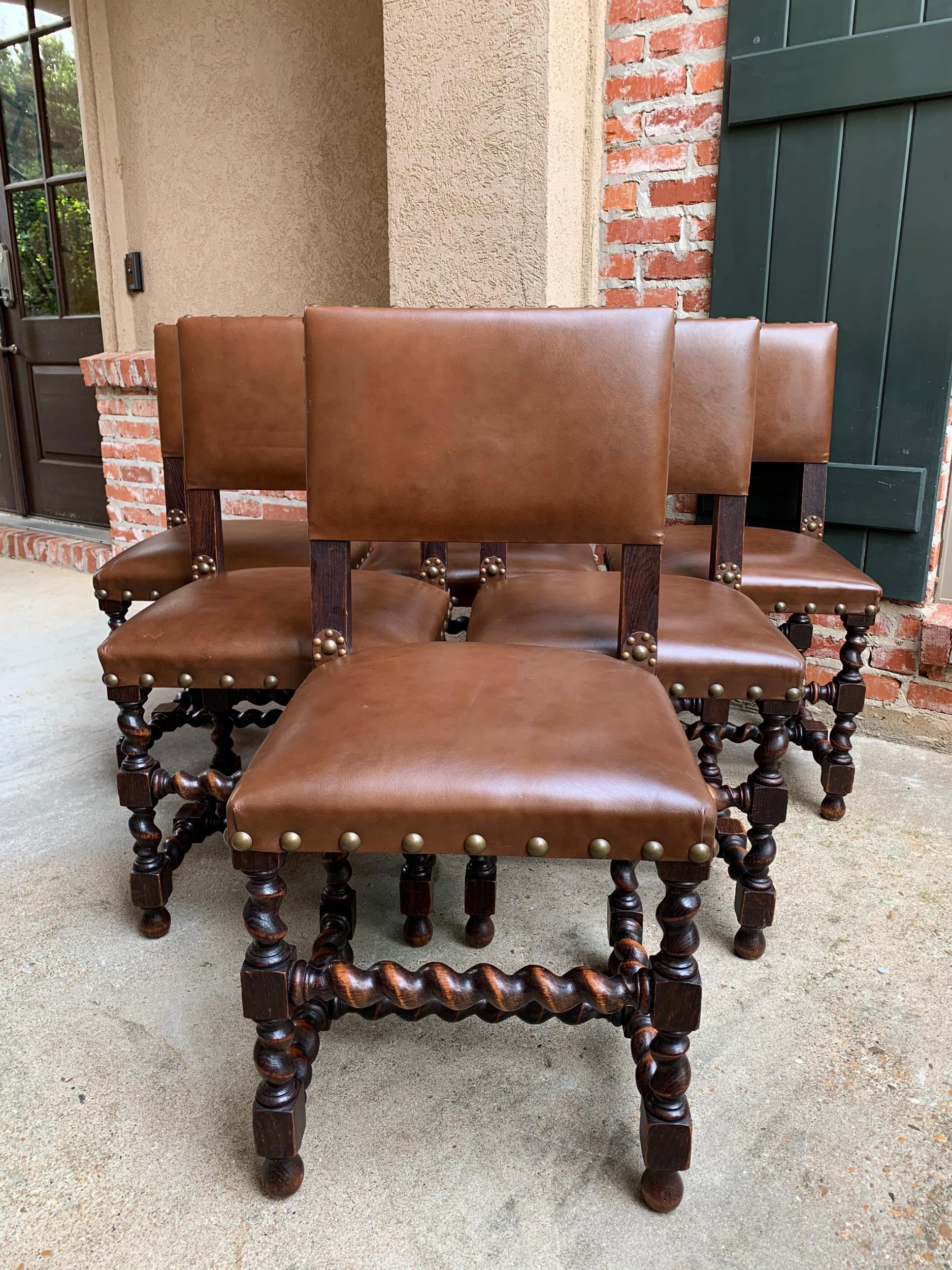 Set of 6 English Oak Dining Chairs Barley Twist Brass Trim Jacobean Style 4