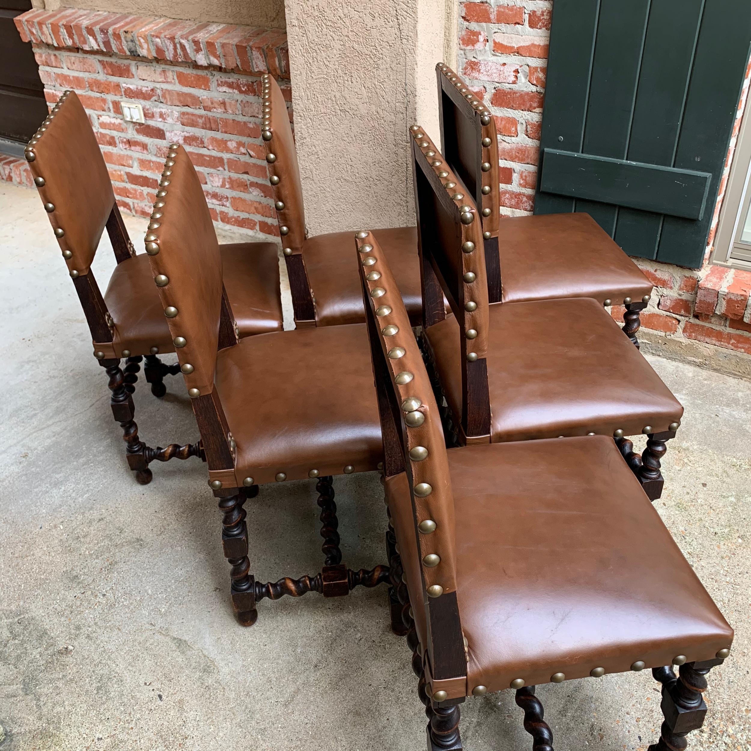 Set of 6 English Oak Dining Chairs Barley Twist Brass Trim Jacobean Style 8