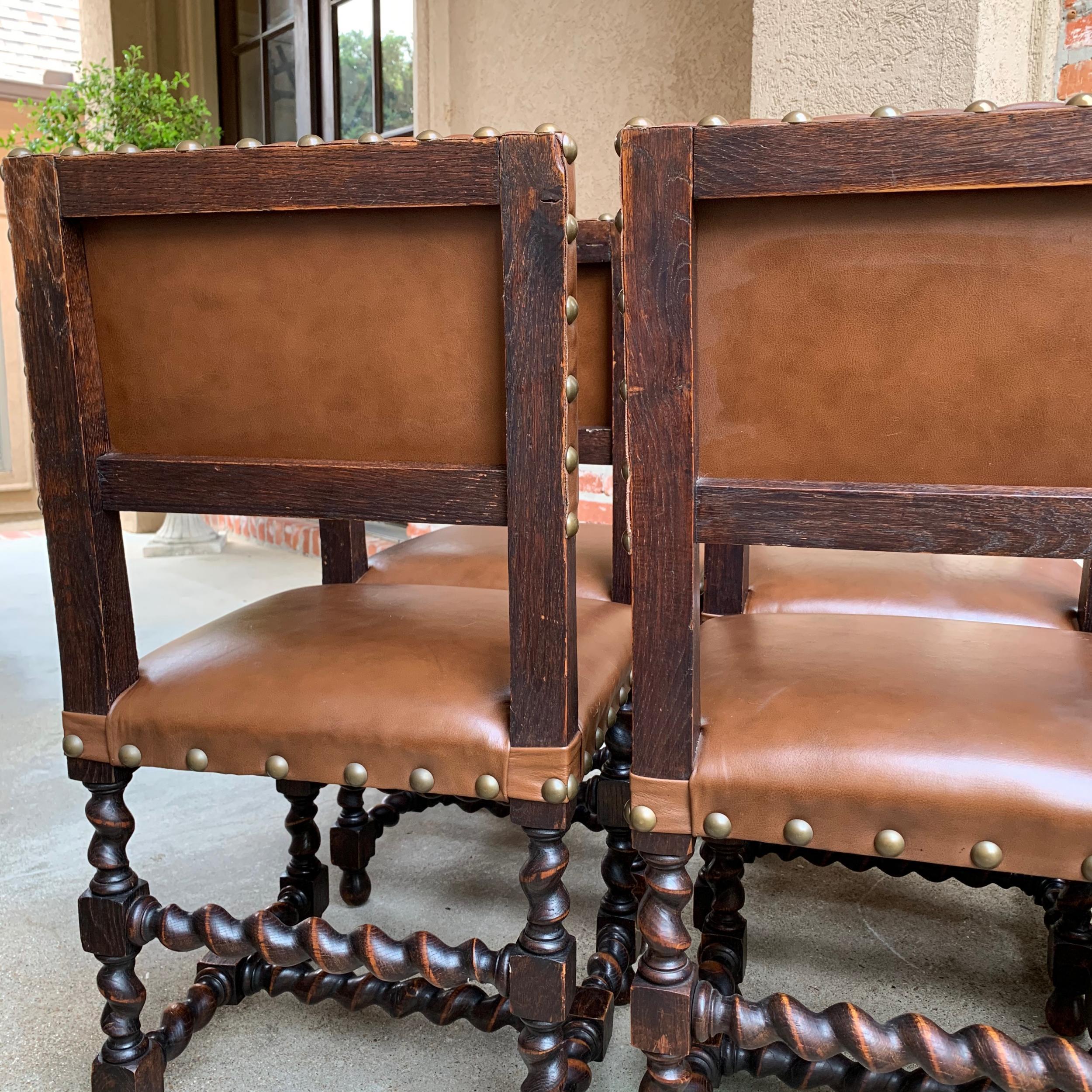 Set of 6 English Oak Dining Chairs Barley Twist Brass Trim Jacobean Style 9