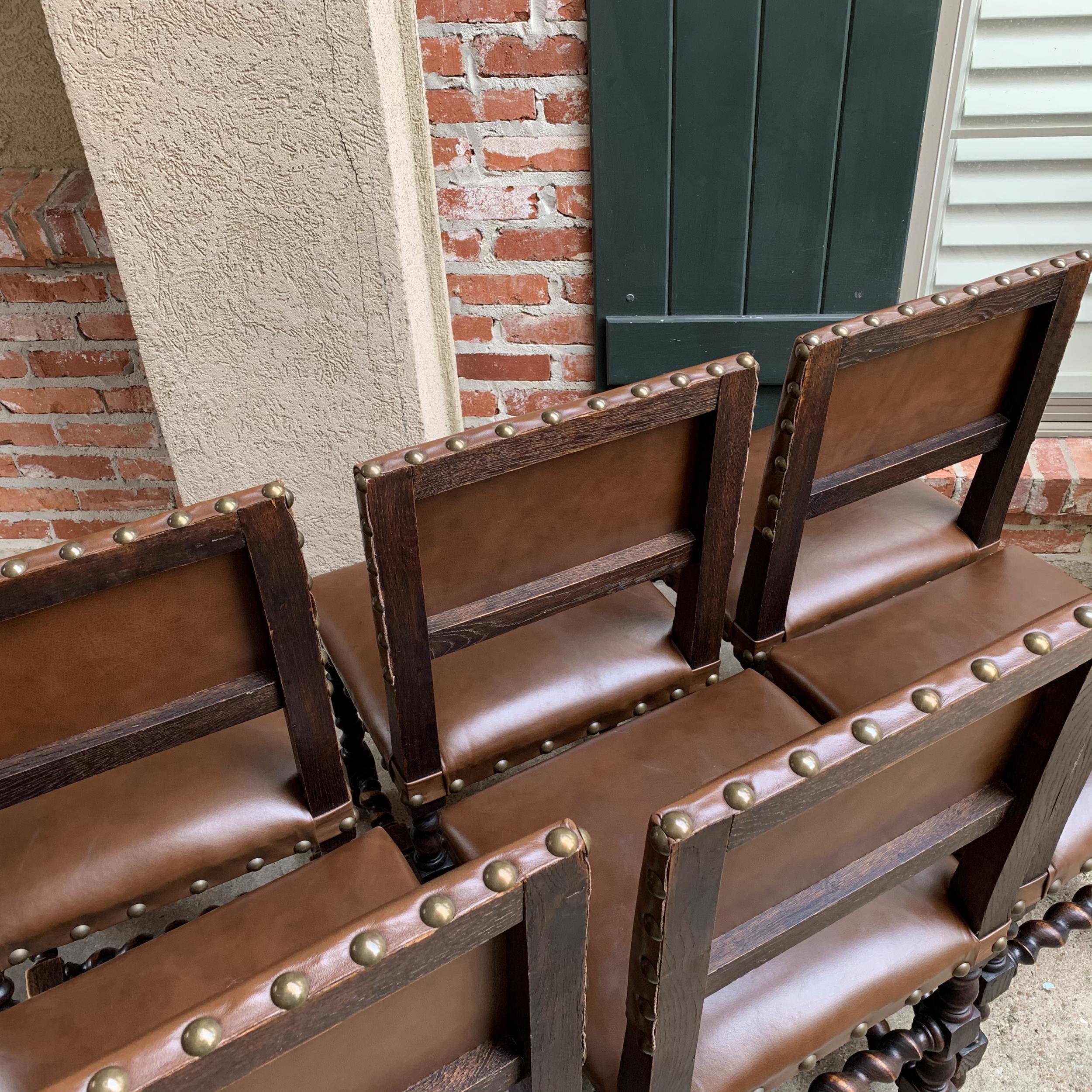 Set of 6 English Oak Dining Chairs Barley Twist Brass Trim Jacobean Style 10