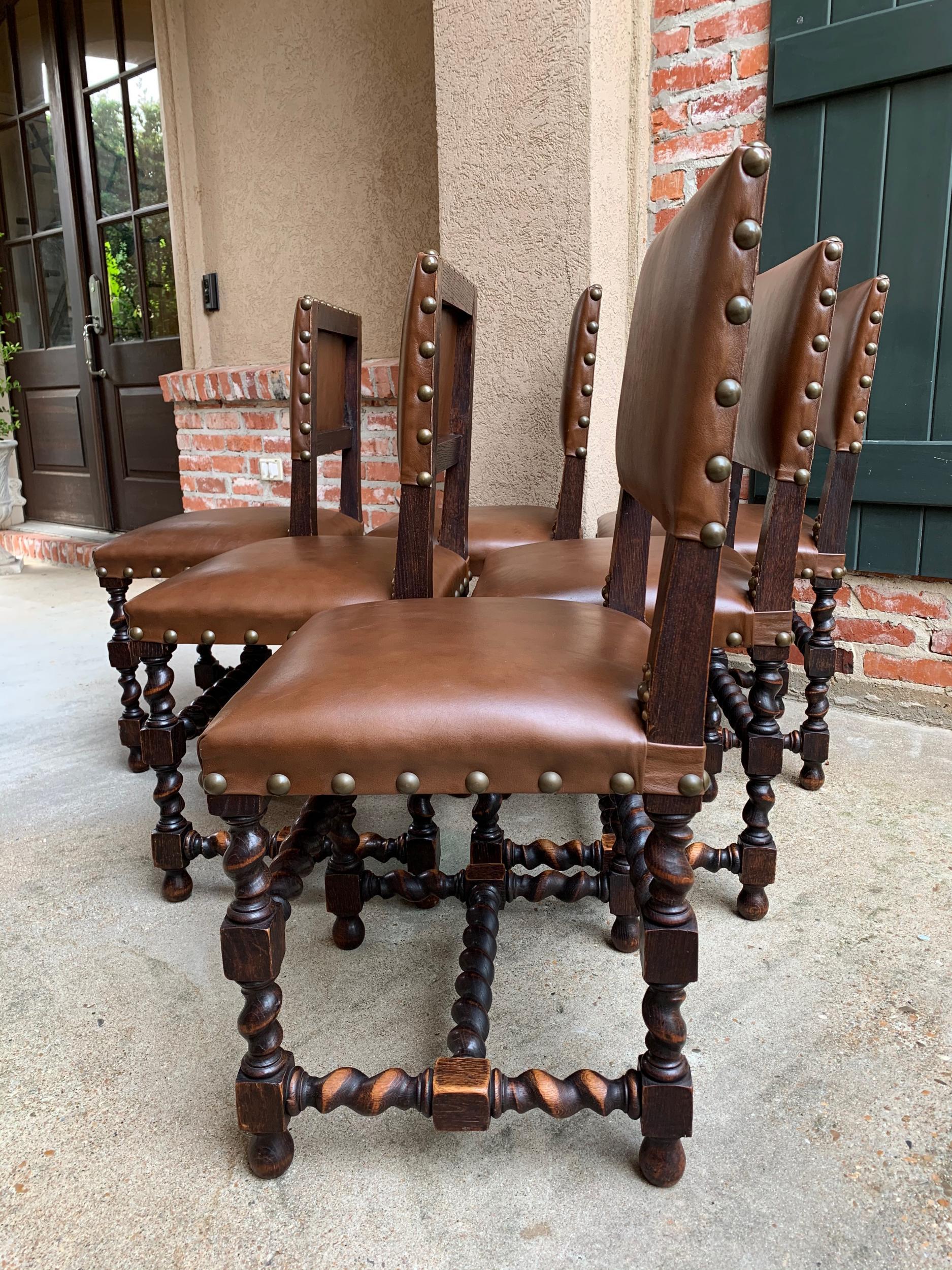 Set of 6 English Oak Dining Chairs Barley Twist Brass Trim Jacobean Style In Good Condition In Shreveport, LA