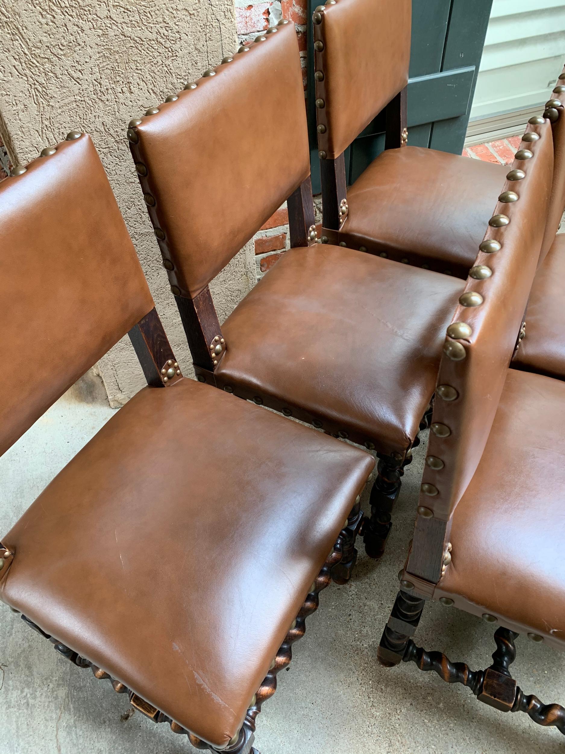 Upholstery Set of 6 English Oak Dining Chairs Barley Twist Brass Trim Jacobean Style