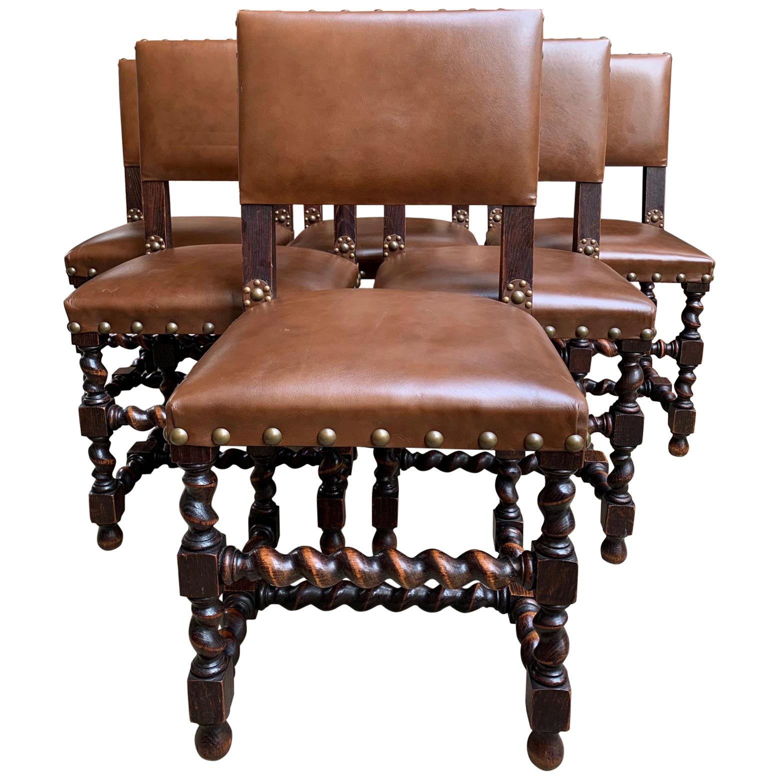 Set of 6 English Oak Dining Chairs Barley Twist Brass Trim Jacobean Style