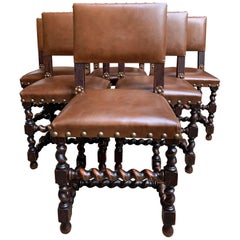 Set of 6 English Oak Dining Chairs Barley Twist Brass Trim Jacobean Style
