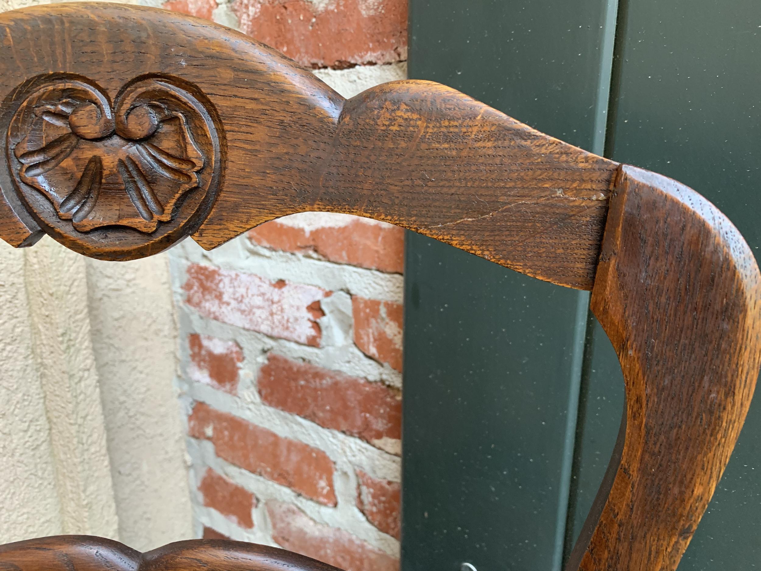 Set of 6 Antique French Carved Dark Oak Ladder Back Dining Chair Rush Seat 6