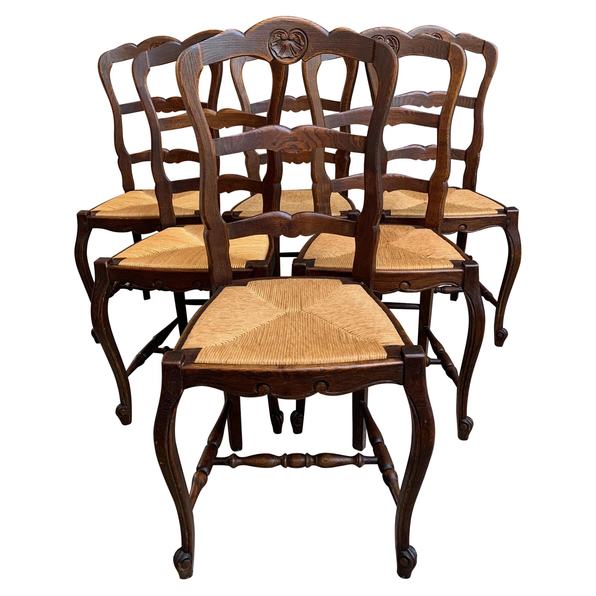 Set of 6 Antique French Carved Dark Oak Ladder Back Dining Chair Rush Seat