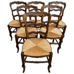 Set of 6 Antique French Carved Dark Oak Ladder Back Dining Chair Rush Seat