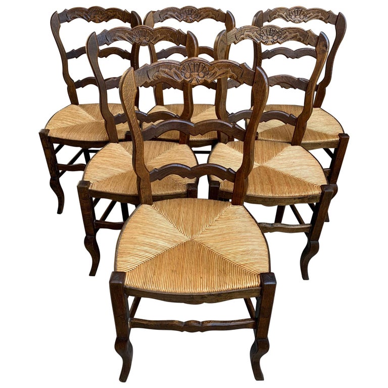 Set of 6 Antique French Carved Dark Oak Ladder Back Dining Chair Rush