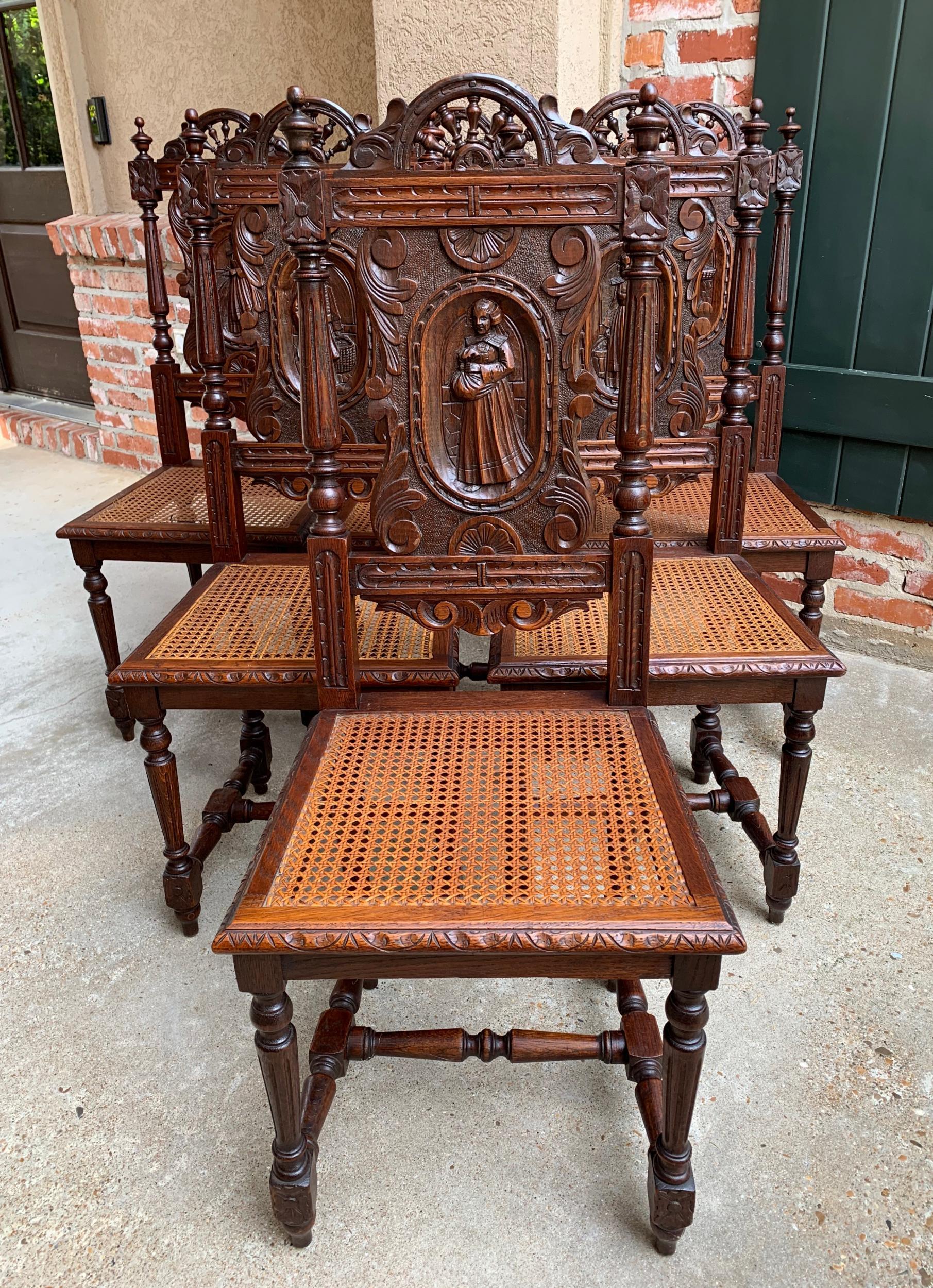 Set 6 Antique French Carved Oak Breton Dining Chairs Brittany Cane Seat 5