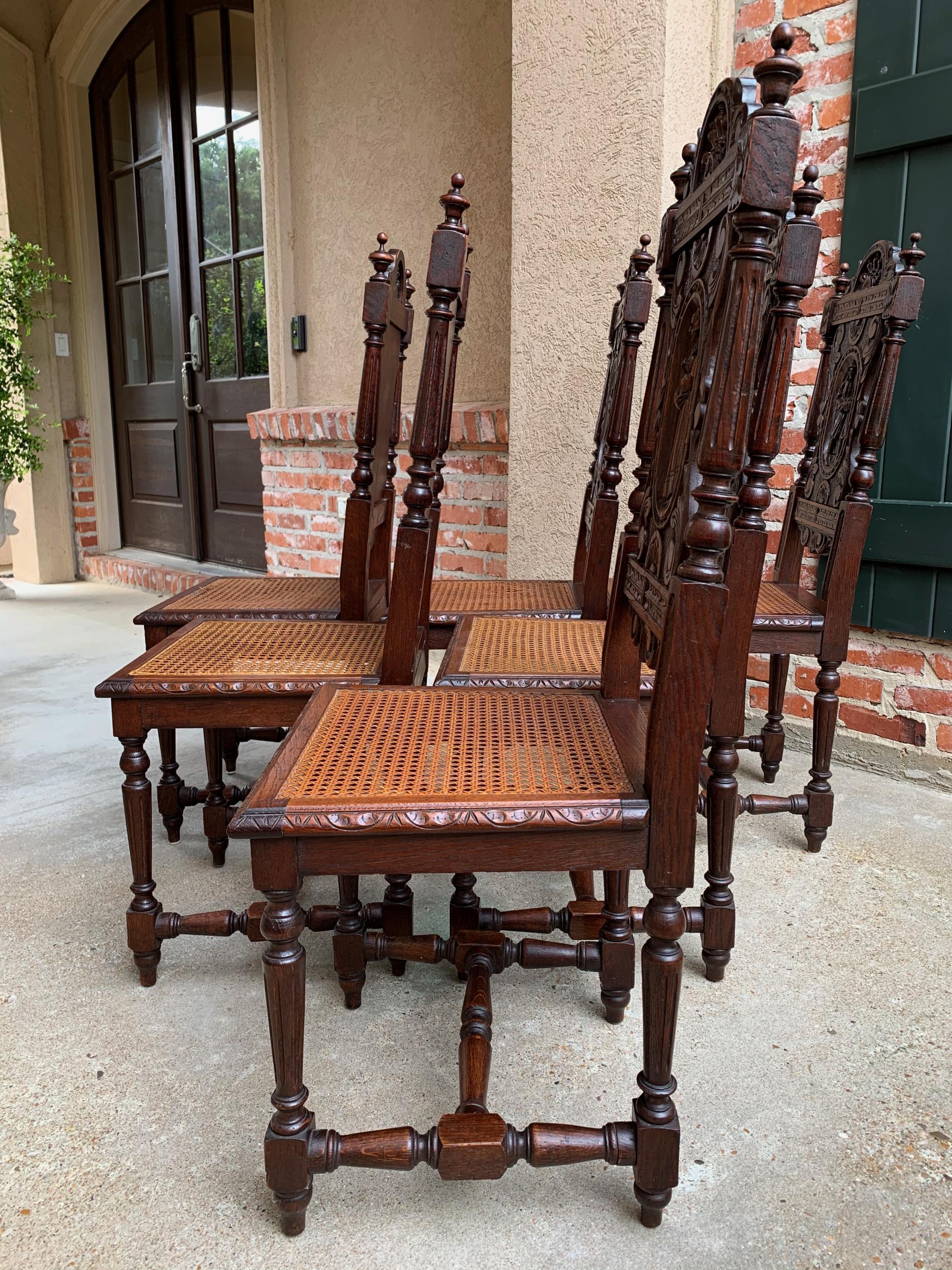 Set 6 Antique French Carved Oak Breton Dining Chairs Brittany Cane Seat 8
