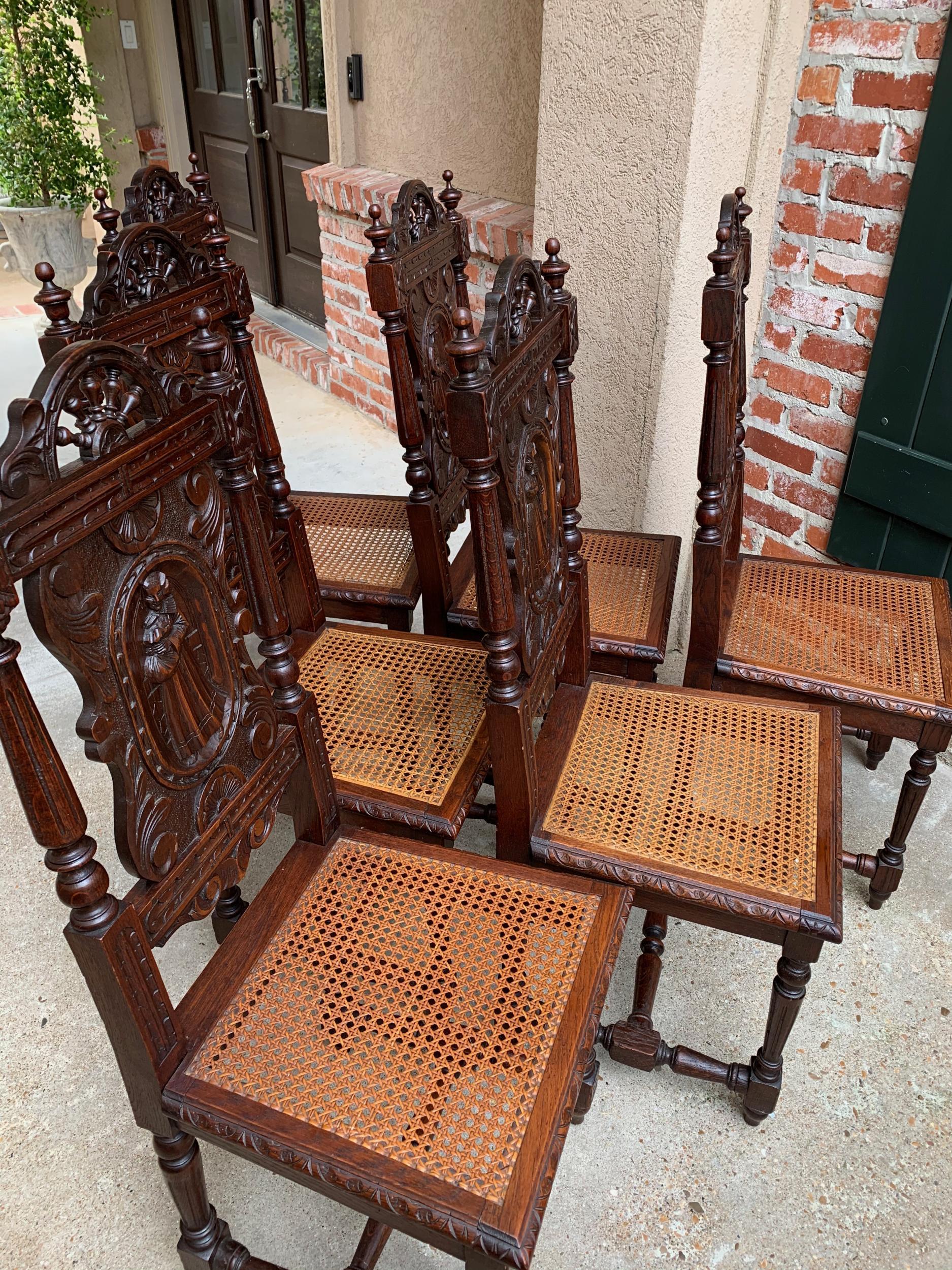 Set 6 Antique French Carved Oak Breton Dining Chairs Brittany Cane Seat 9