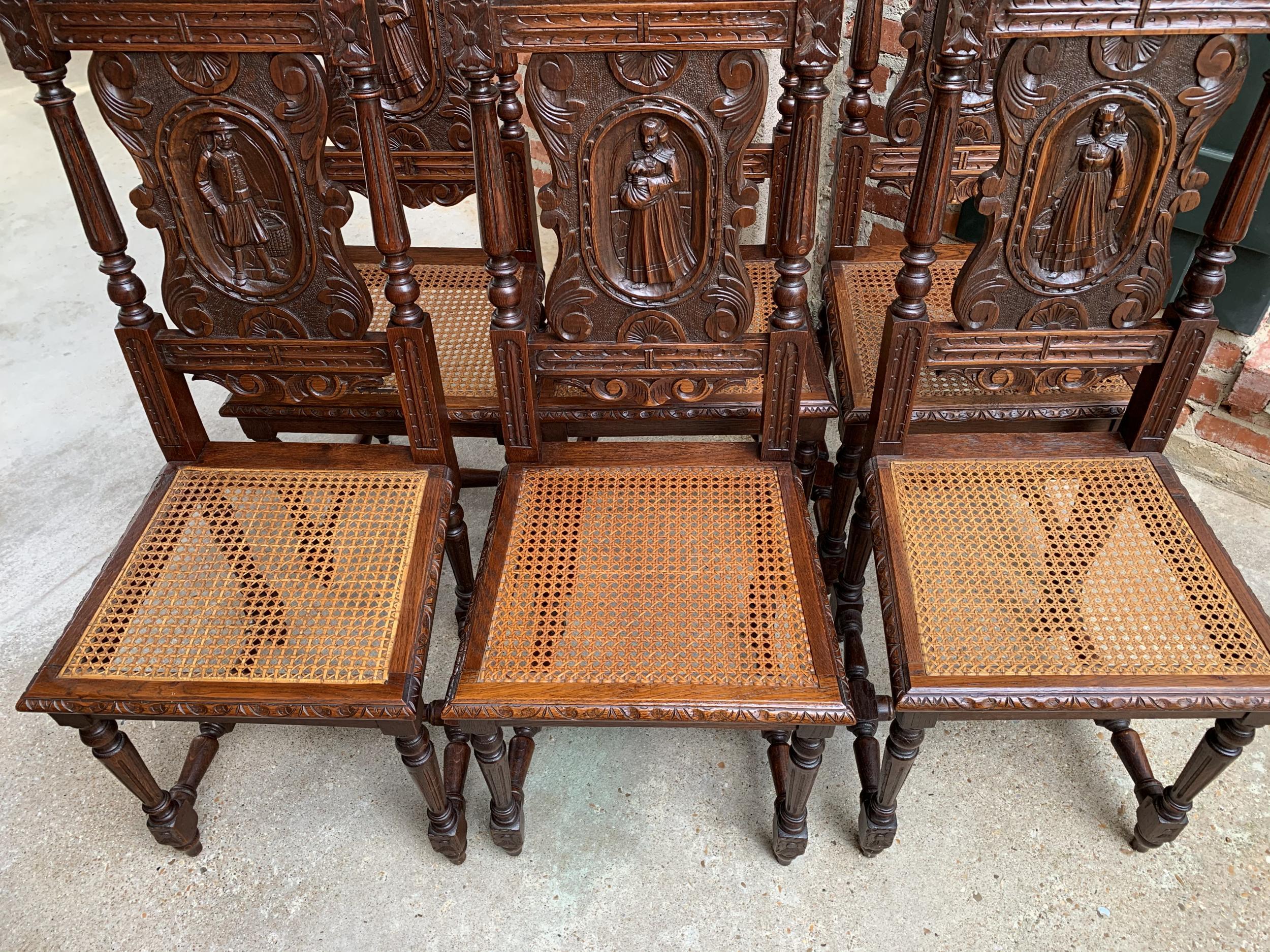 French Provincial Set 6 Antique French Carved Oak Breton Dining Chairs Brittany Cane Seat