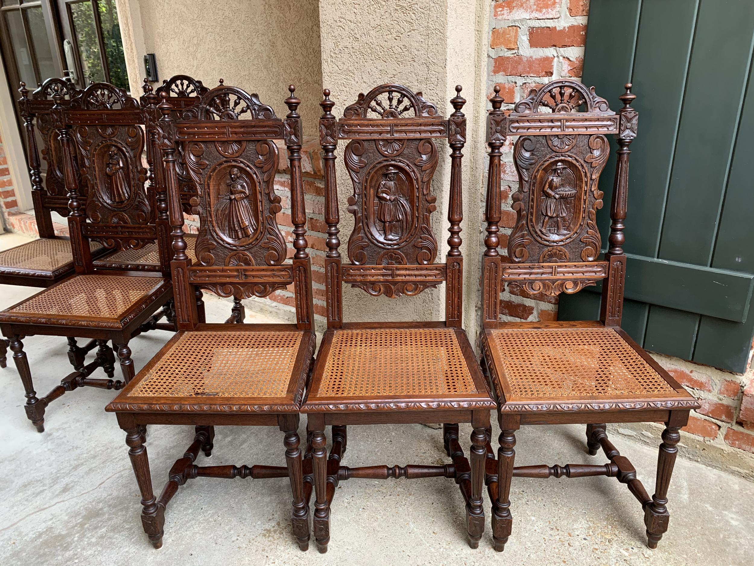 Caning Set 6 Antique French Carved Oak Breton Dining Chairs Brittany Cane Seat