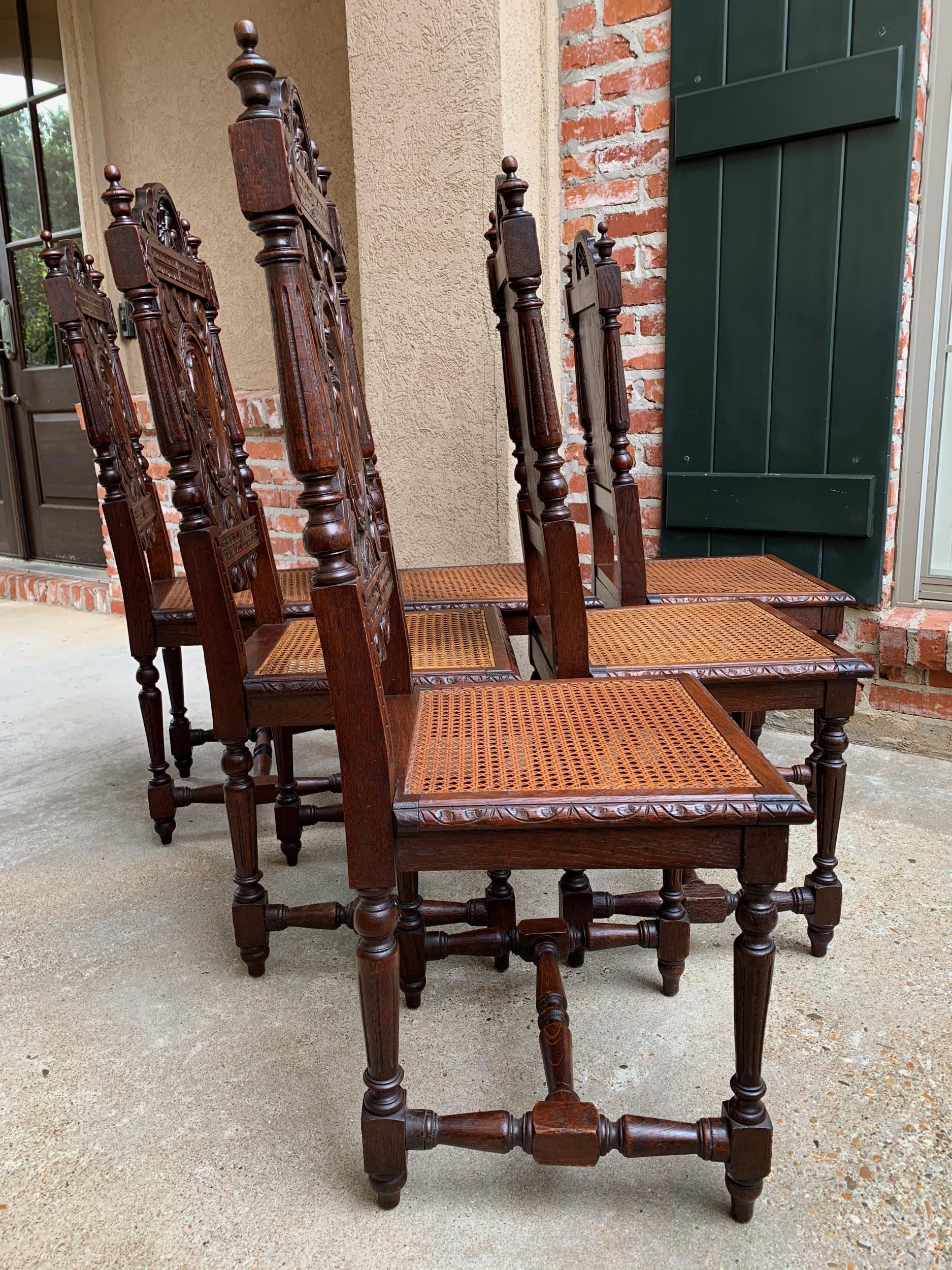Set 6 Antique French Carved Oak Breton Dining Chairs Brittany Cane Seat In Fair Condition In Shreveport, LA