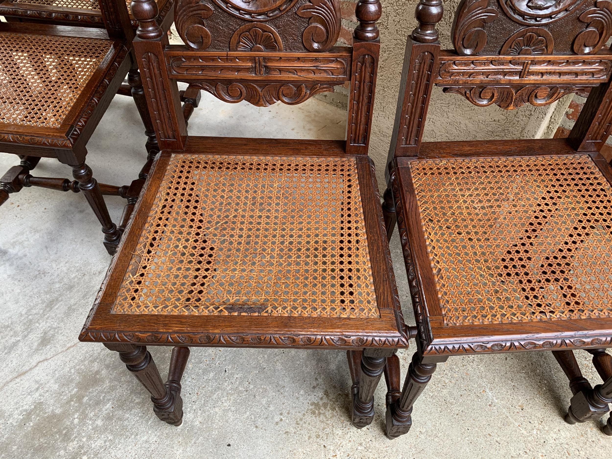 20th Century Set 6 Antique French Carved Oak Breton Dining Chairs Brittany Cane Seat