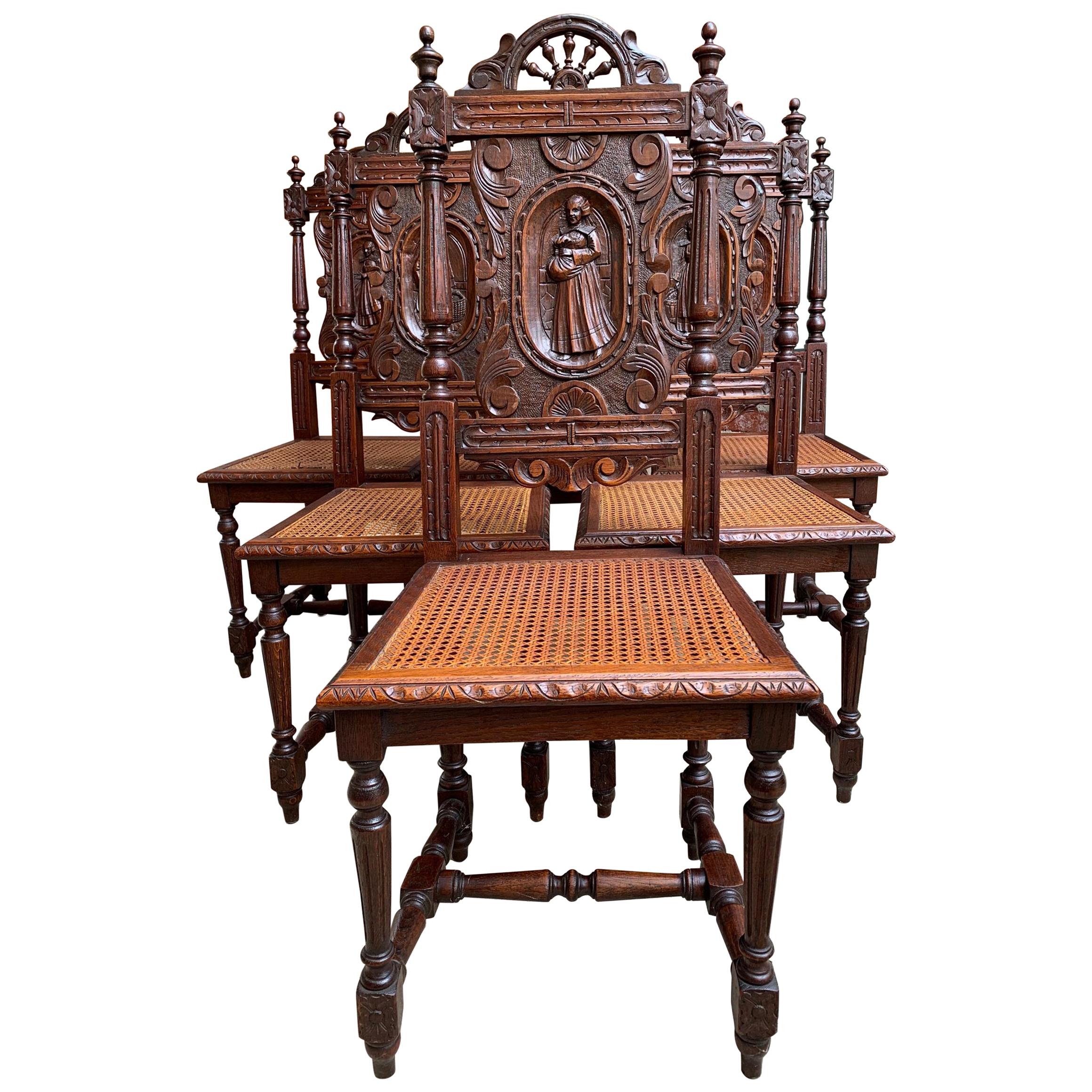 Set 6 Antique French Carved Oak Breton Dining Chairs Brittany Cane Seat