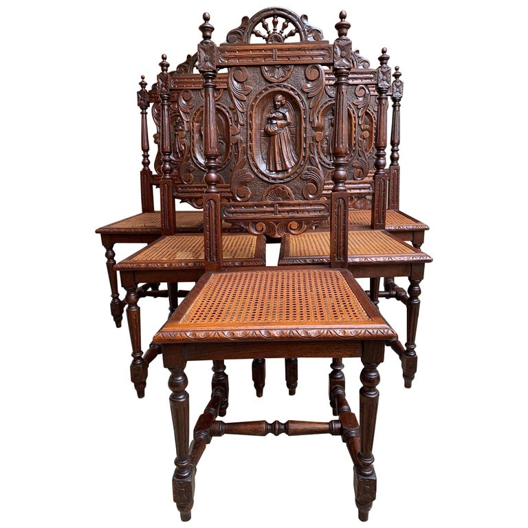 Set 6 Antique French Carved Oak Breton, Antique Oak Chairs With Carvings