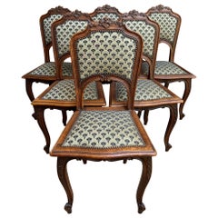 Set 6 Antique French Carved Oak Dining Chair Louis XV style Green Upholstery