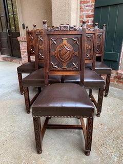 Set 6 Antique French Carved Oak Dining Chair Neo Renaissance Shield 20th Century