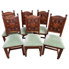 Set 6 Antique French Carved Oak Dining Chair Neo Renaissance Shield 20th Century