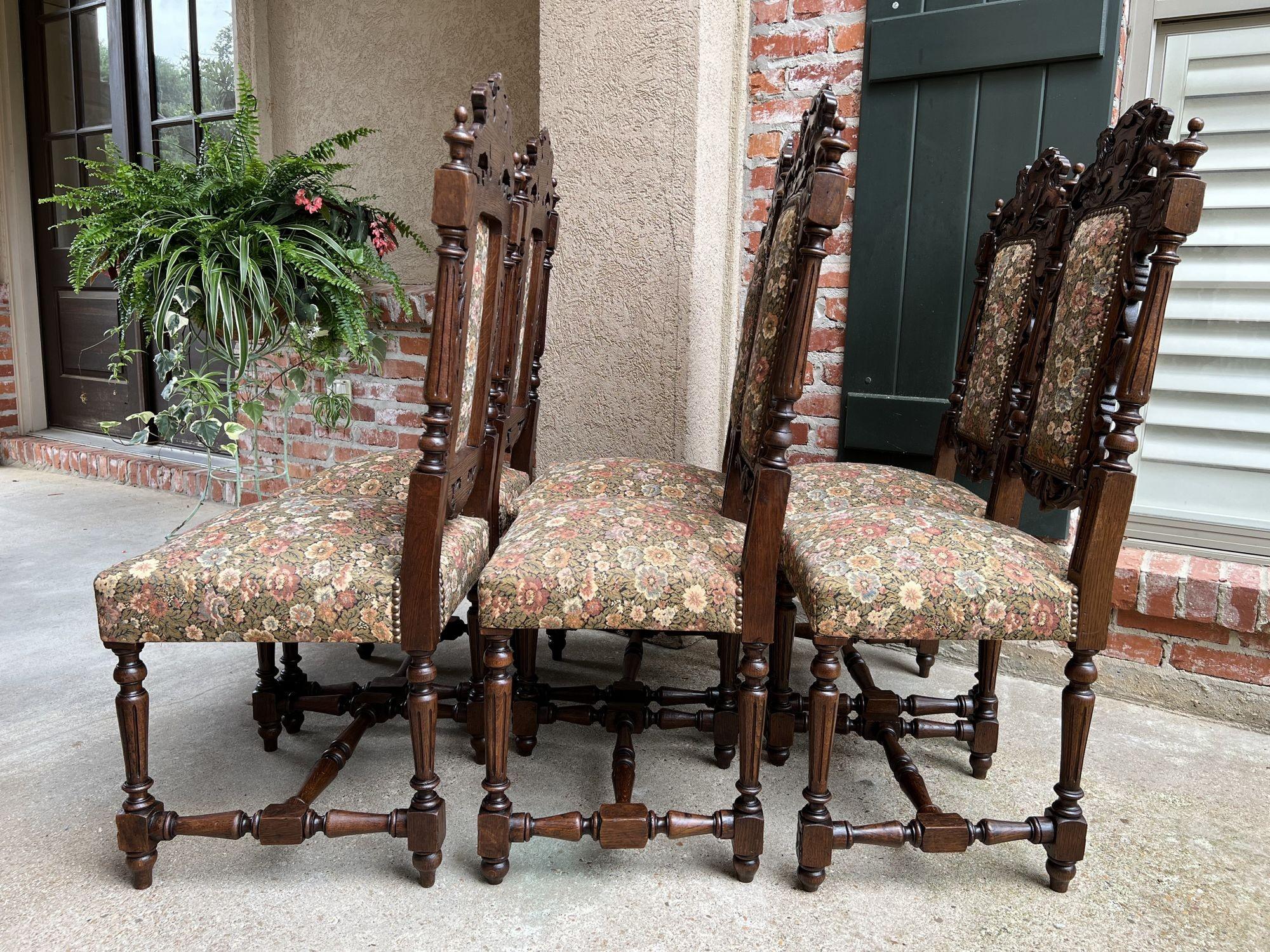 Set 6 Antique French Carved Oak Dining Side Chairs Renaissance Lion Floral 3