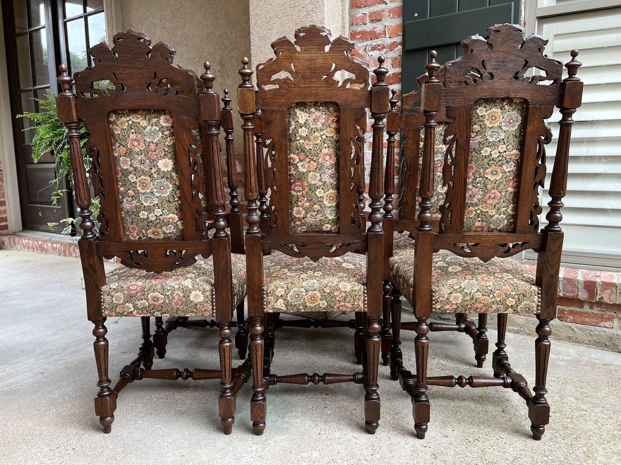 Set 6 Antique French Carved Oak Dining Side Chairs Renaissance Lion Floral 4
