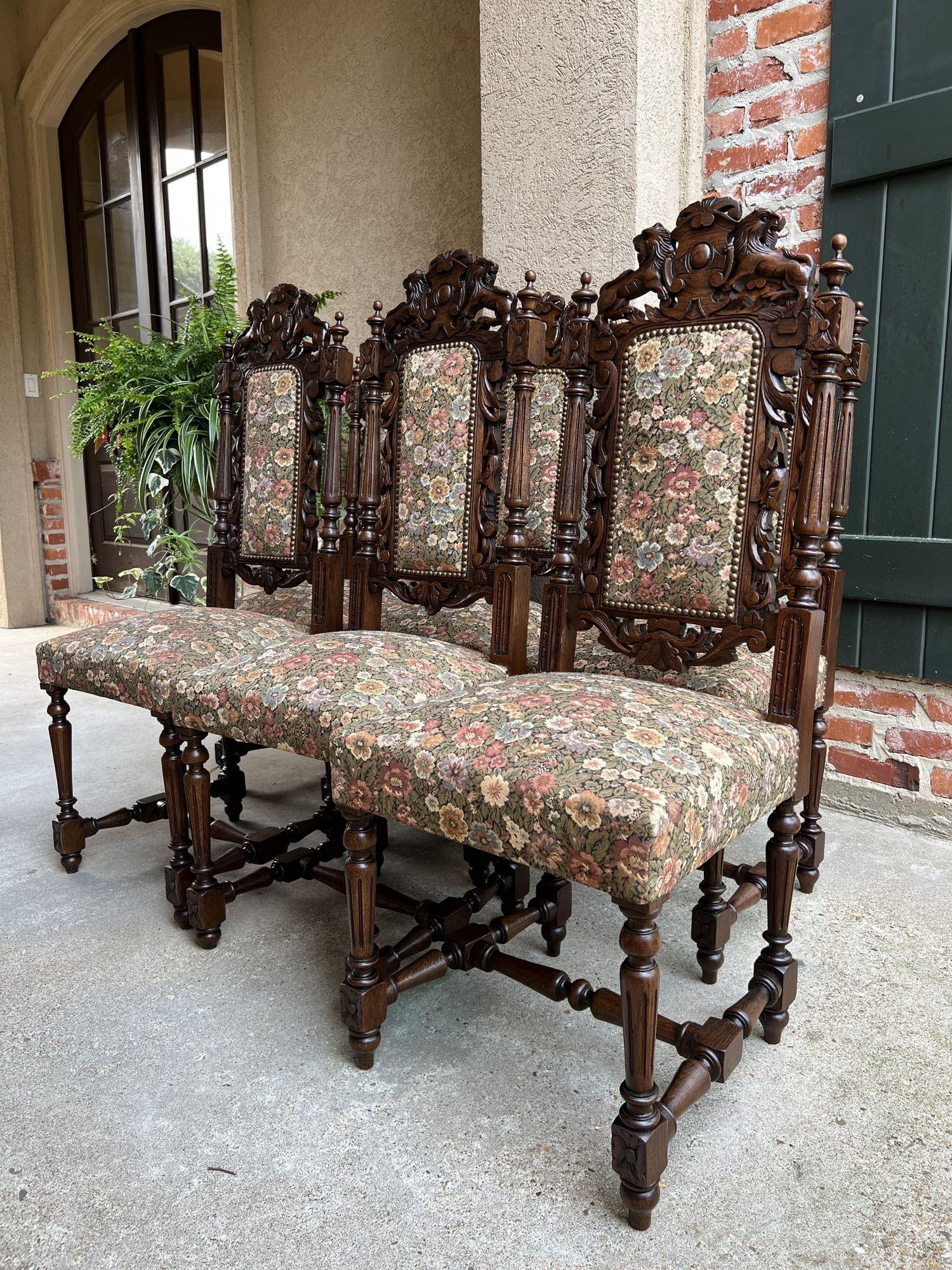 Set 6 Antique French Carved Oak Dining Side Chairs Renaissance Lion Floral 6