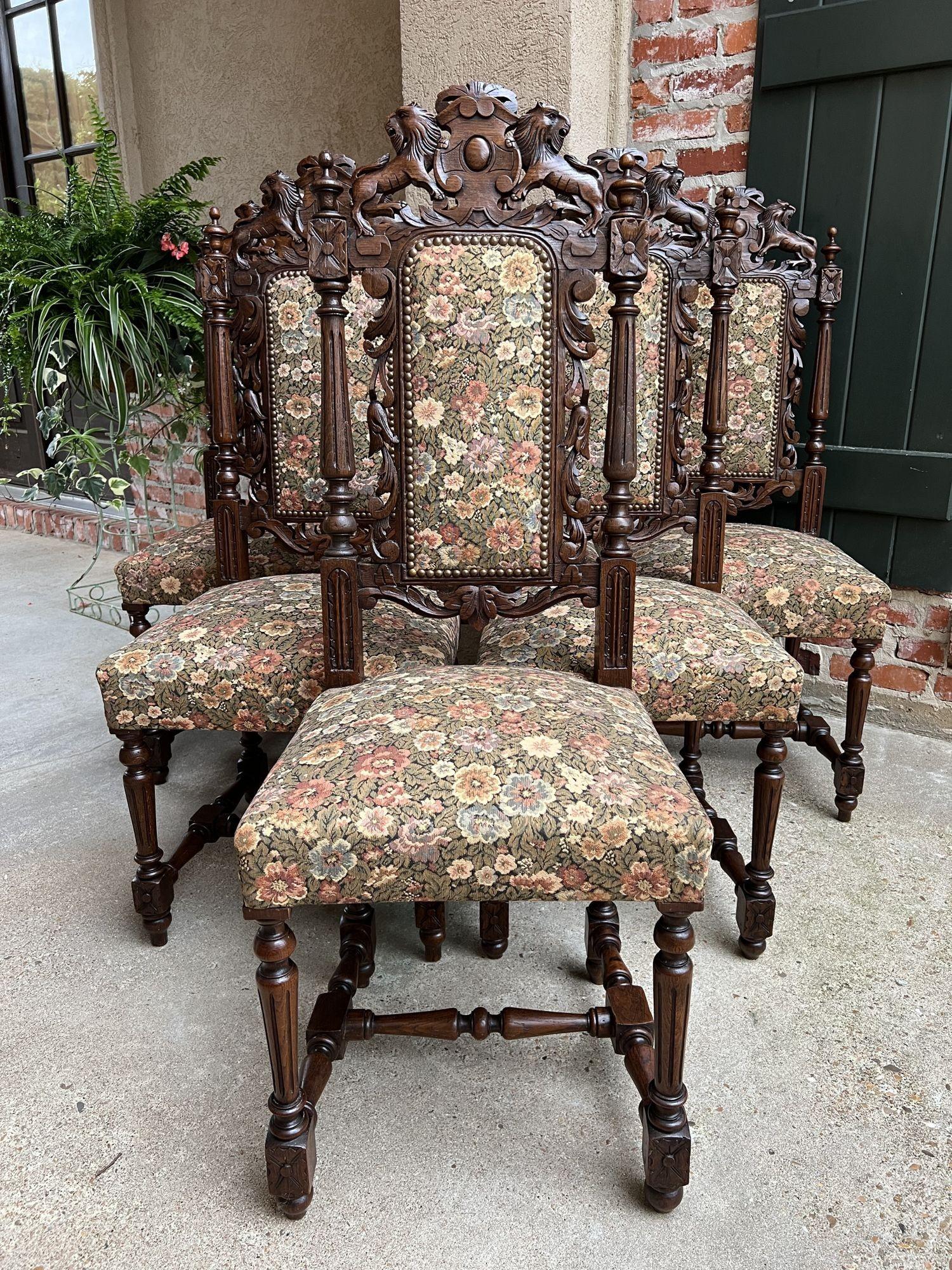 Set 6 Antique French Carved Oak Dining Side Chairs Renaissance Lion Floral 7