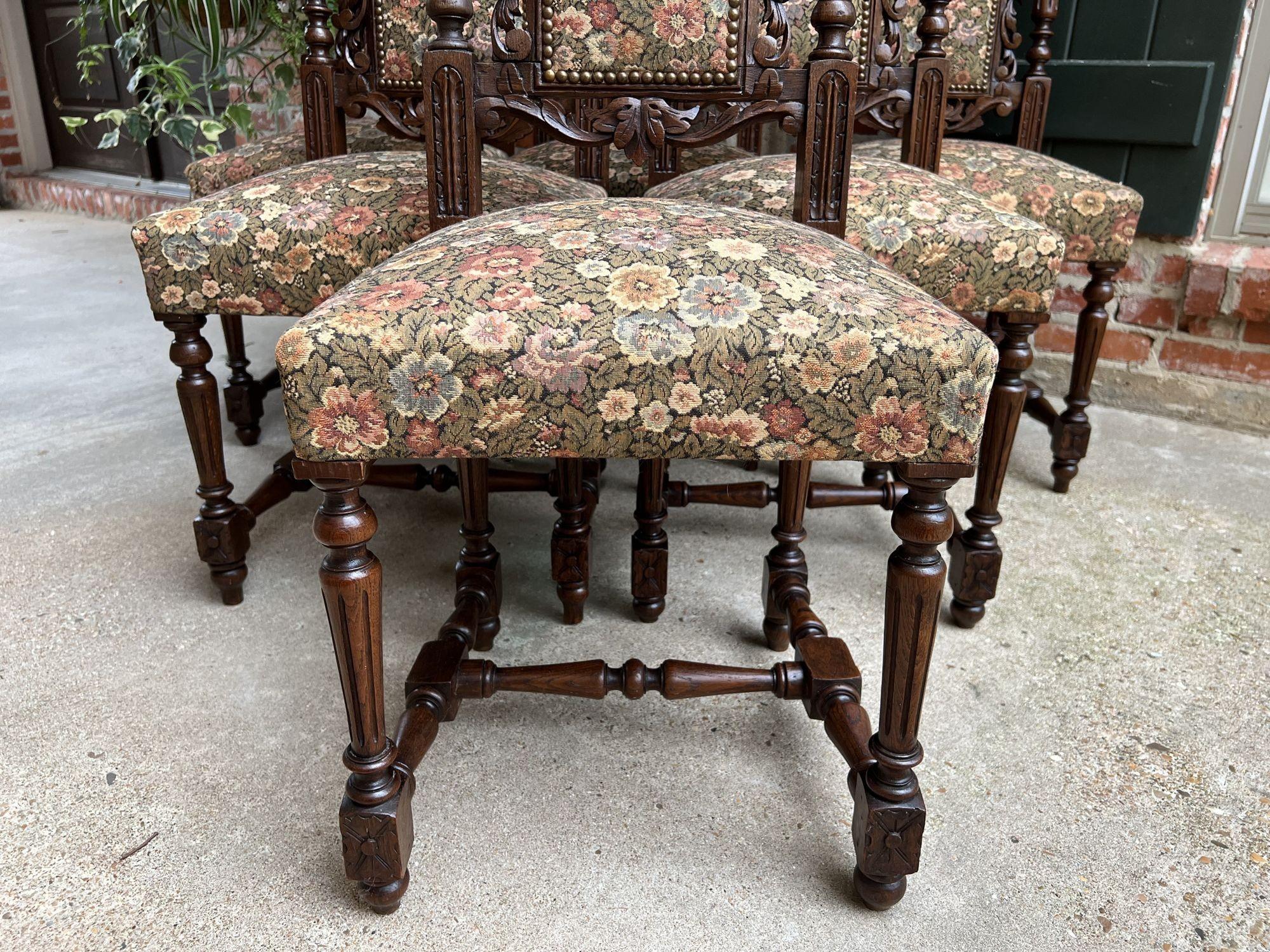 Set 6 Antique French Carved Oak Dining Side Chairs Renaissance Lion Floral 9