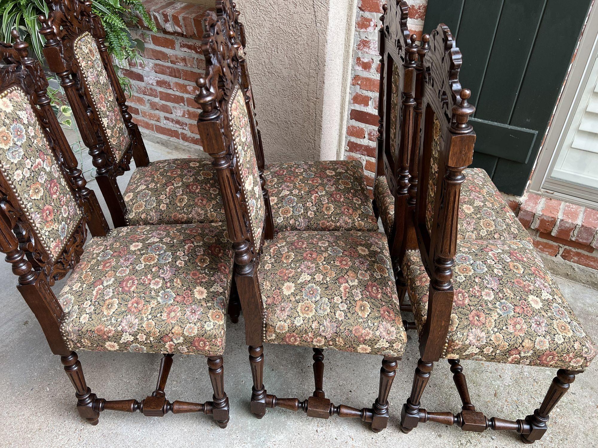 Set 6 Antique French Carved Oak Dining Side Chairs Renaissance Lion Floral 10