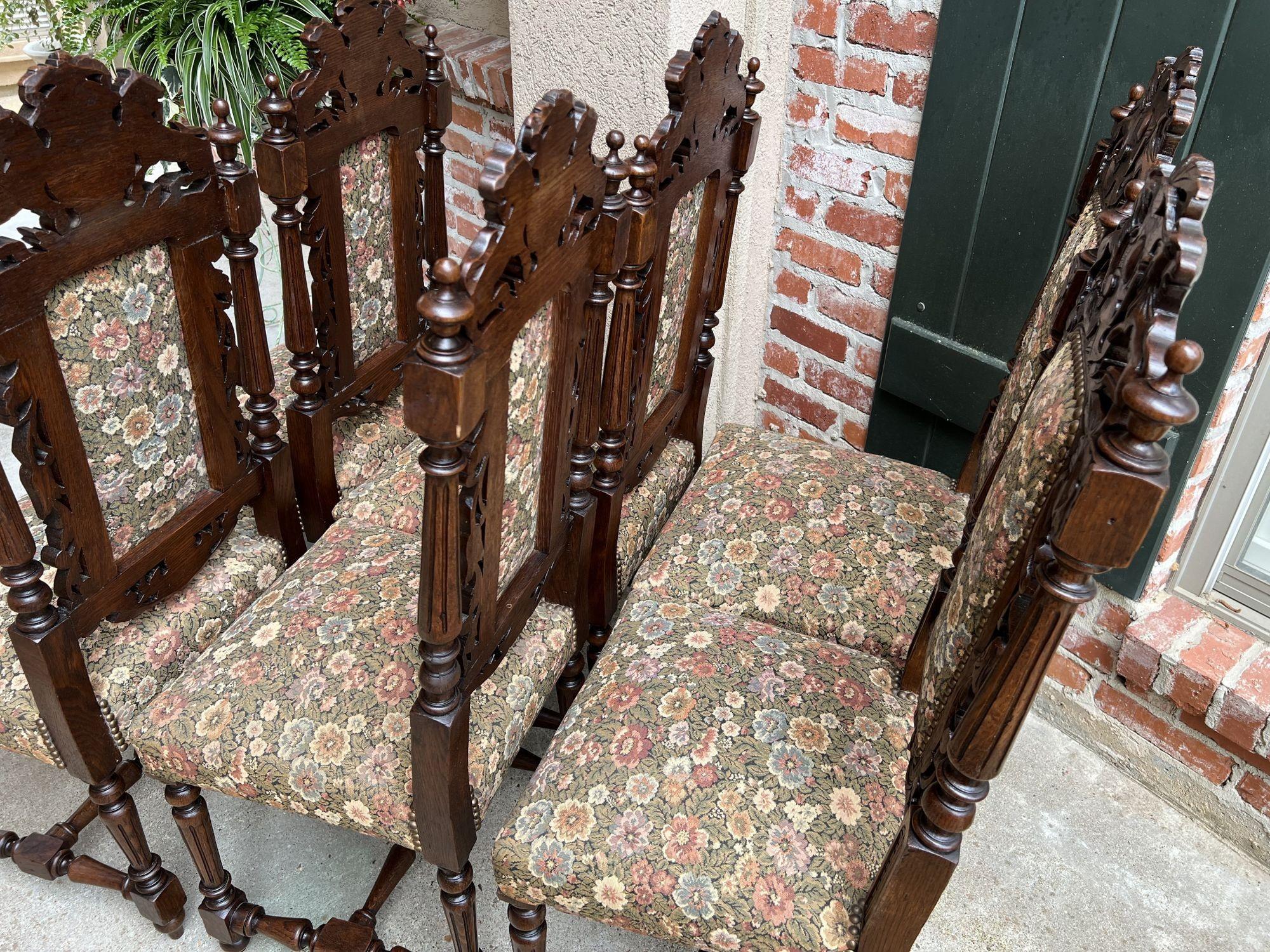 Set 6 Antique French Carved Oak Dining Side Chairs Renaissance Lion Floral 11