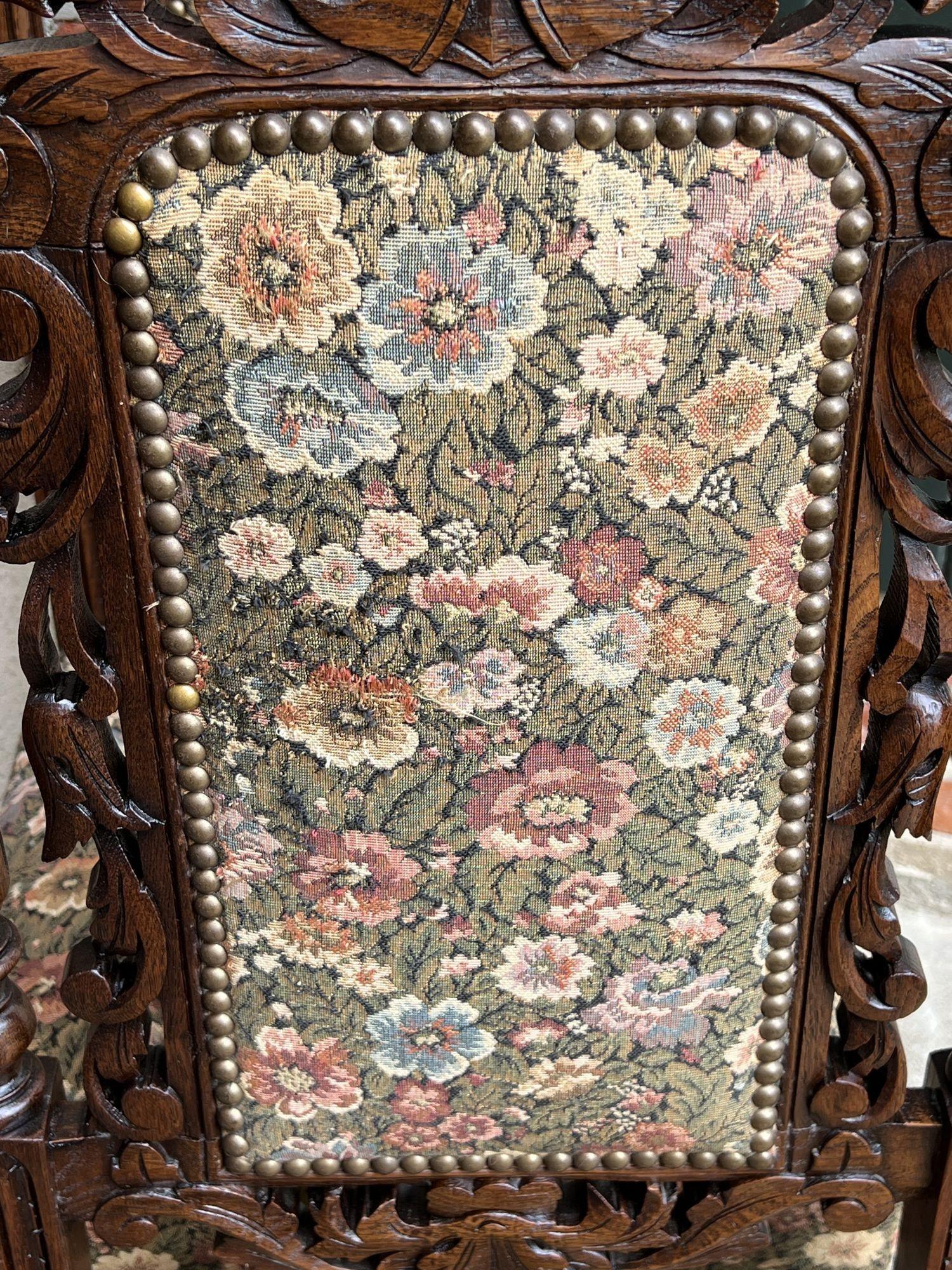 Set 6 Antique French Carved Oak Dining Side Chairs Renaissance Lion Floral 12