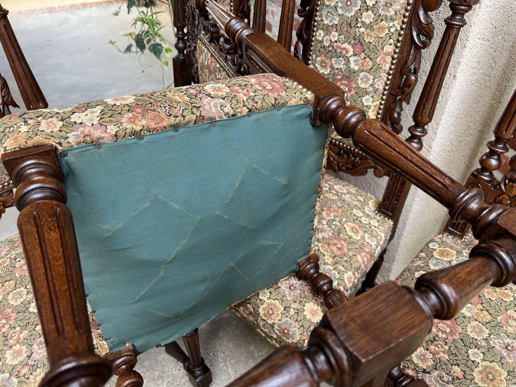 Set 6 Antique French Carved Oak Dining Side Chairs Renaissance Lion Floral 13
