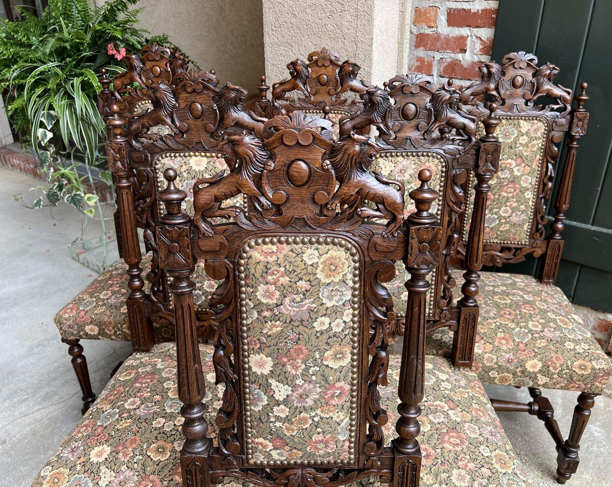 Hand-Carved Set 6 Antique French Carved Oak Dining Side Chairs Renaissance Lion Floral