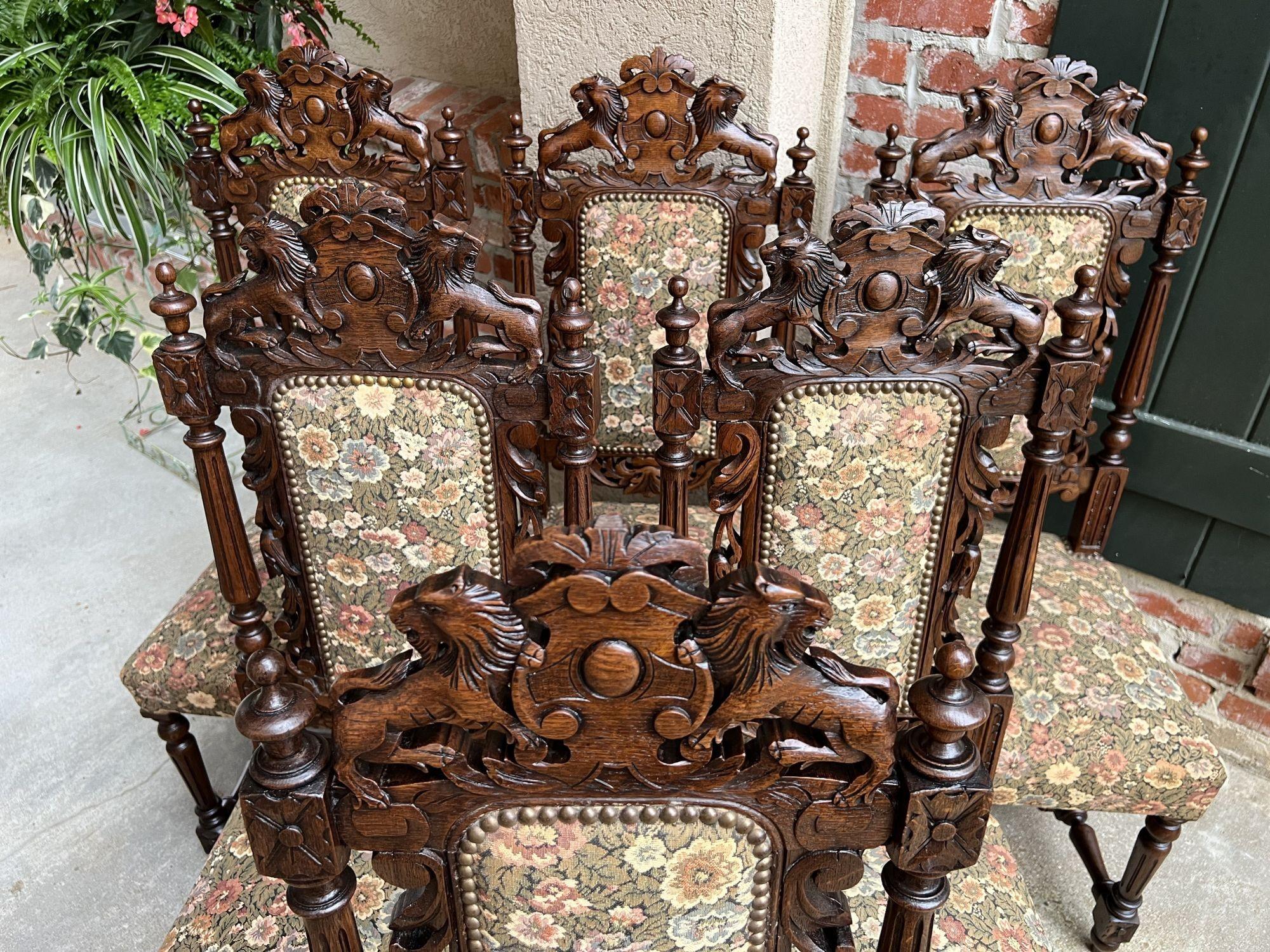 Set 6 Antique French Carved Oak Dining Side Chairs Renaissance Lion Floral In Good Condition In Shreveport, LA