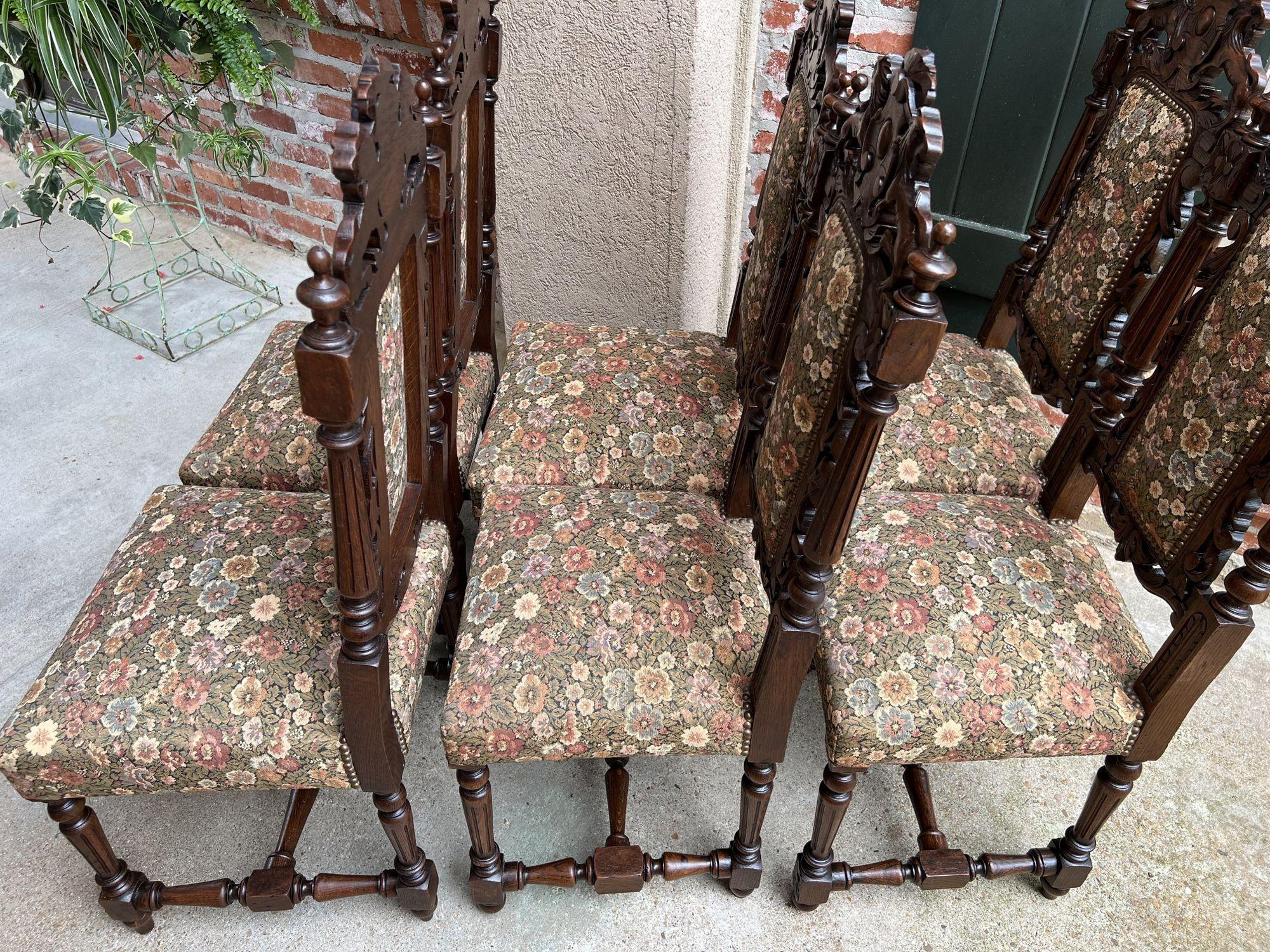 Early 20th Century Set 6 Antique French Carved Oak Dining Side Chairs Renaissance Lion Floral