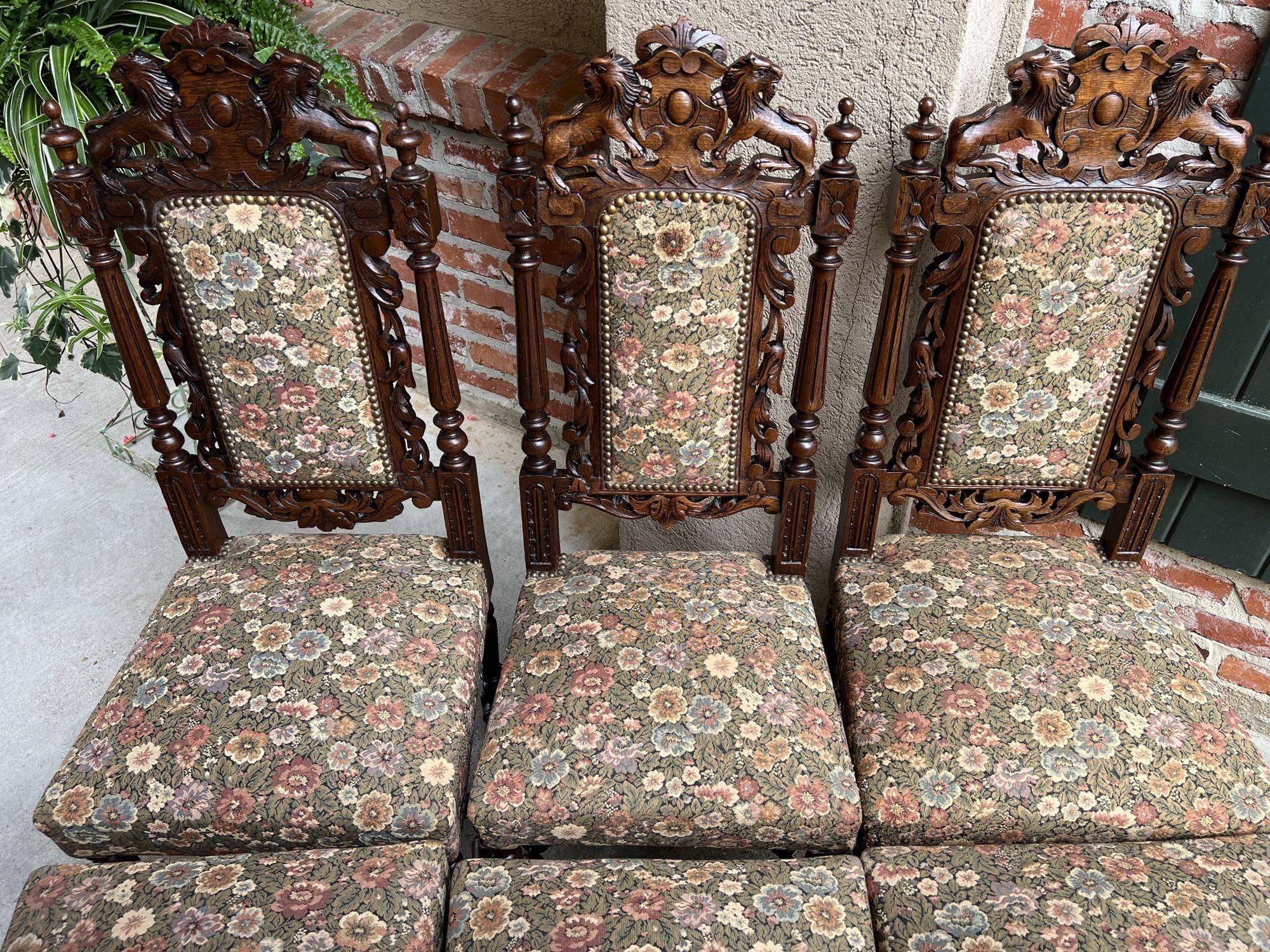Upholstery Set 6 Antique French Carved Oak Dining Side Chairs Renaissance Lion Floral