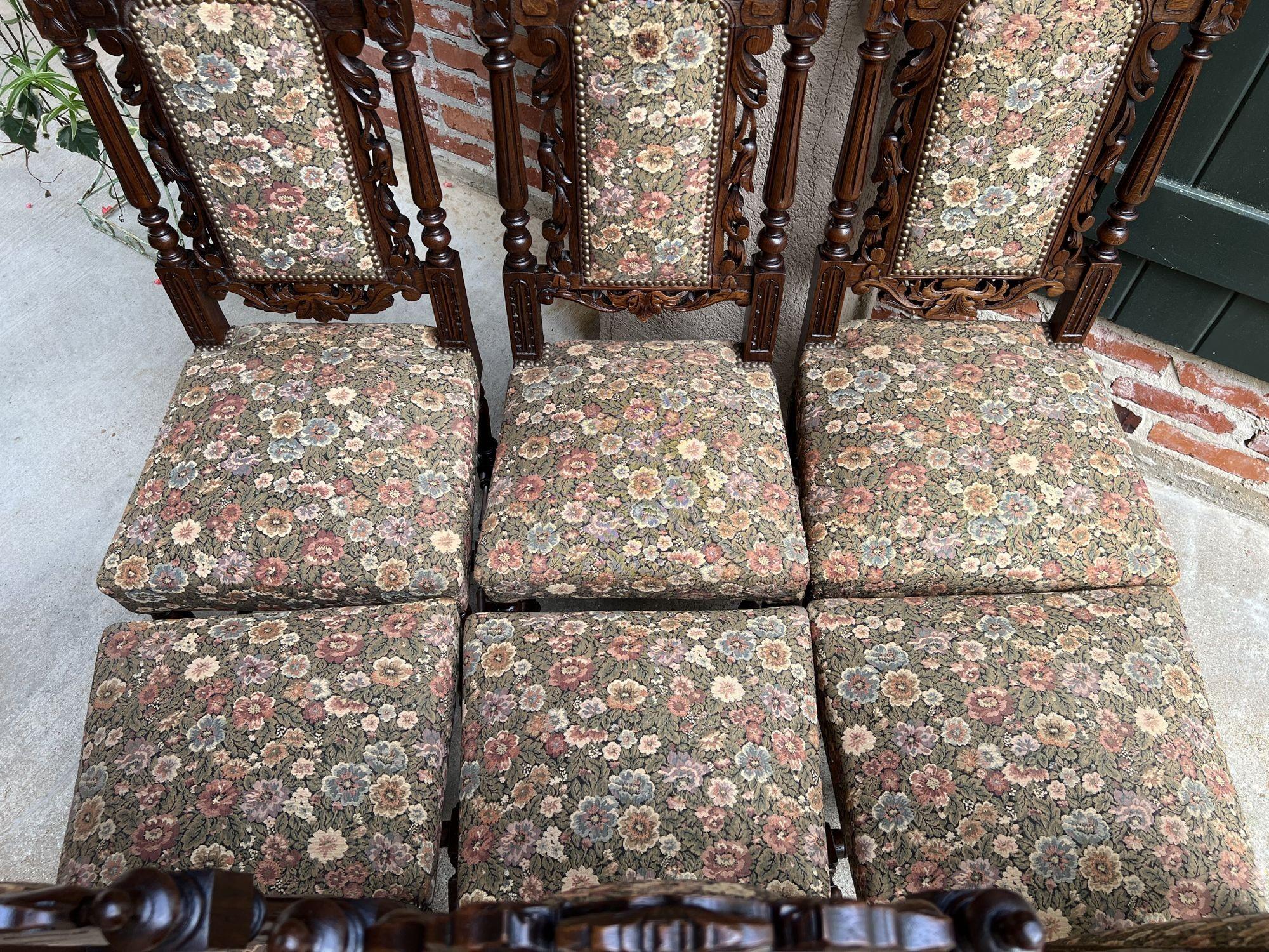 Set 6 Antique French Carved Oak Dining Side Chairs Renaissance Lion Floral 1