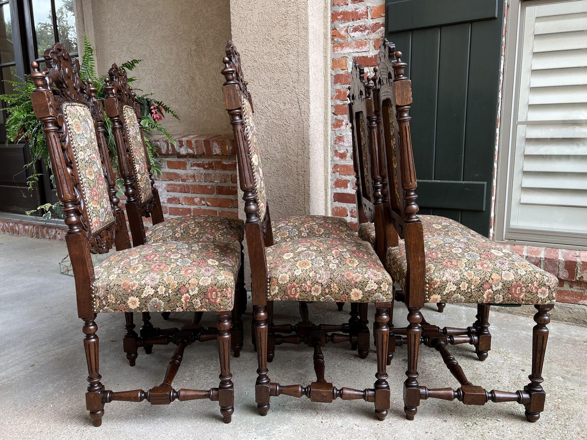 Set 6 Antique French Carved Oak Dining Side Chairs Renaissance Lion Floral 2