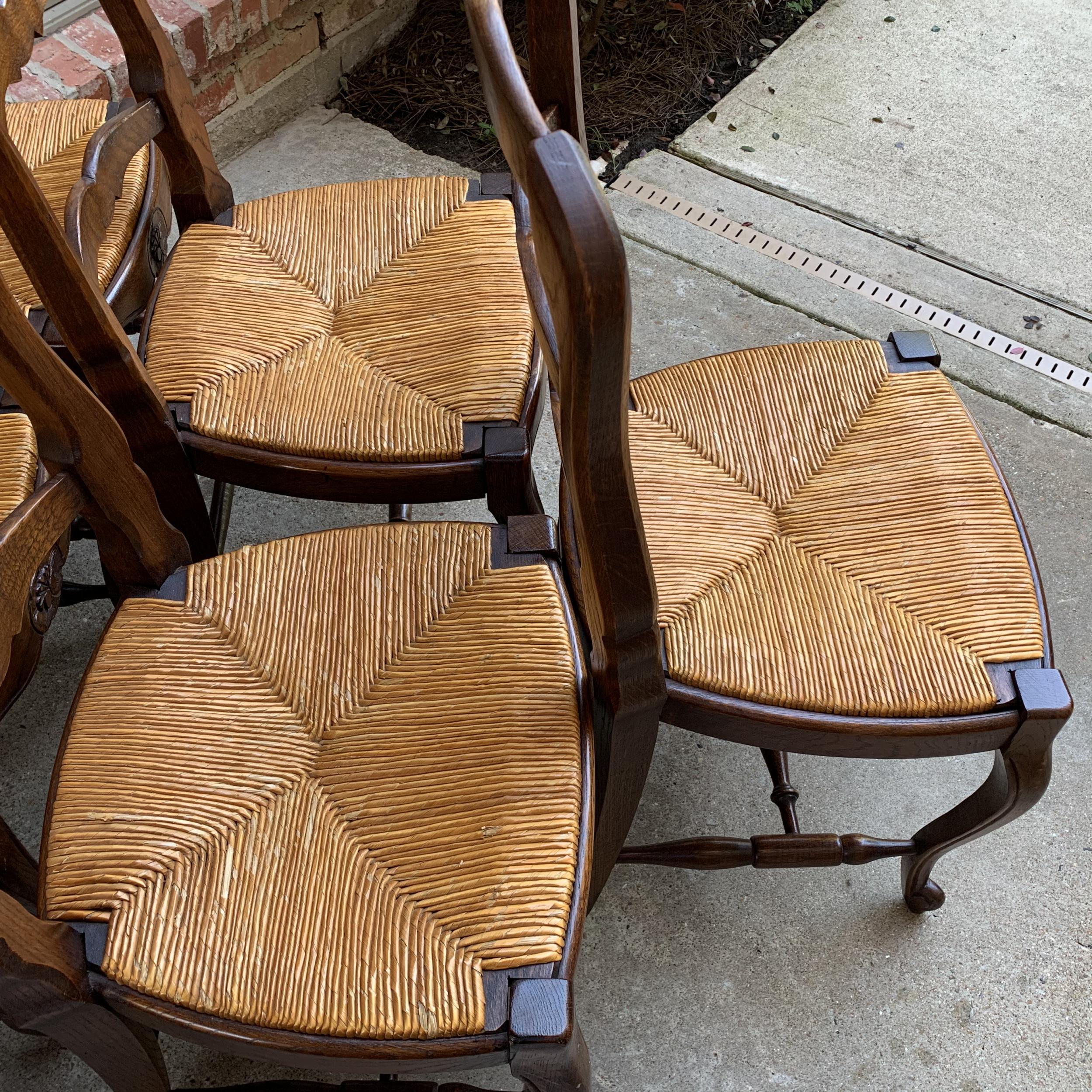 Set of 6 Antique French Country Carved Oak Ladder Back Dining Chair Rush Seat 4