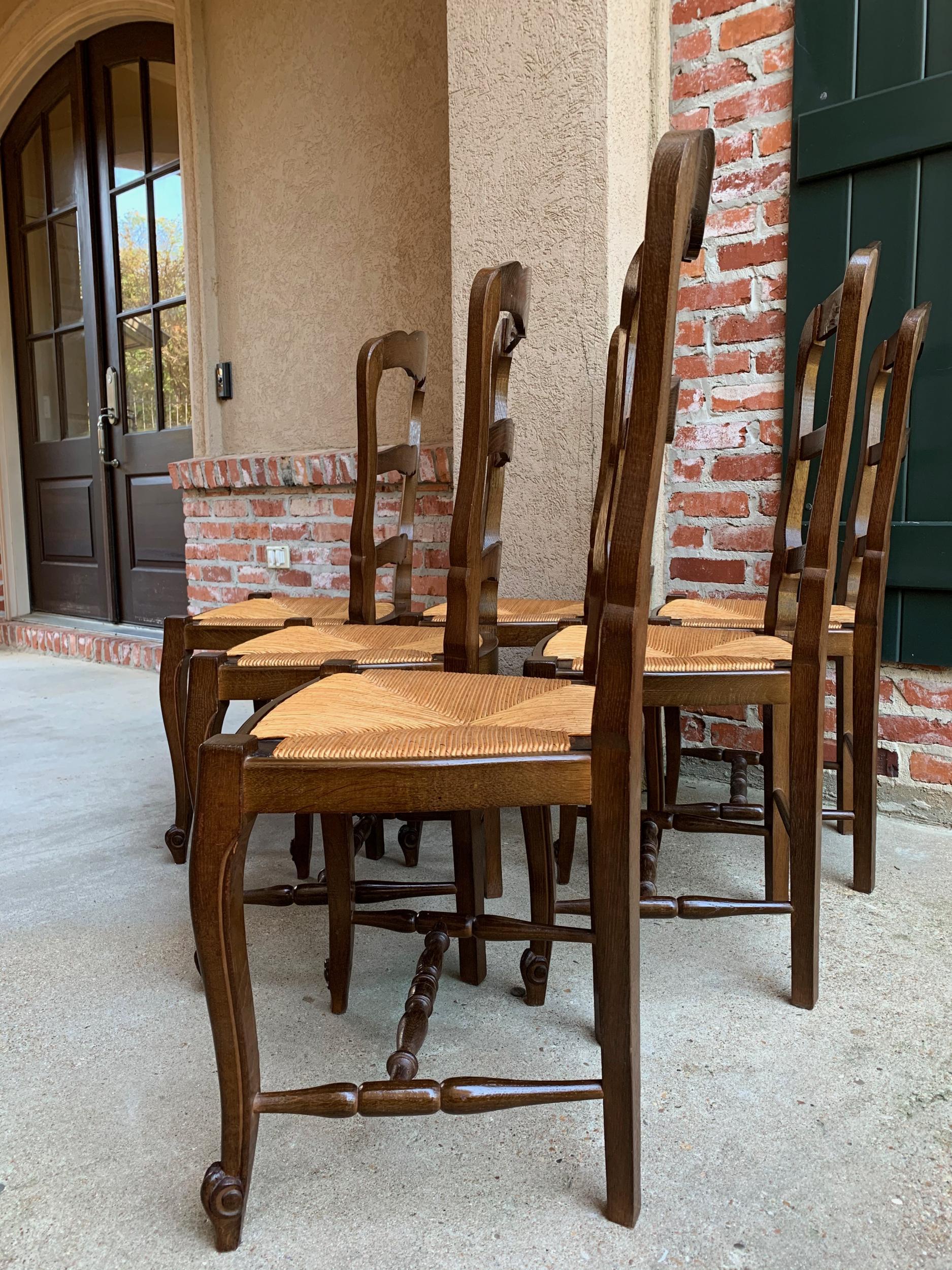 Set of 6 Antique French Country Carved Oak Ladder Back Dining Chair Rush Seat 2