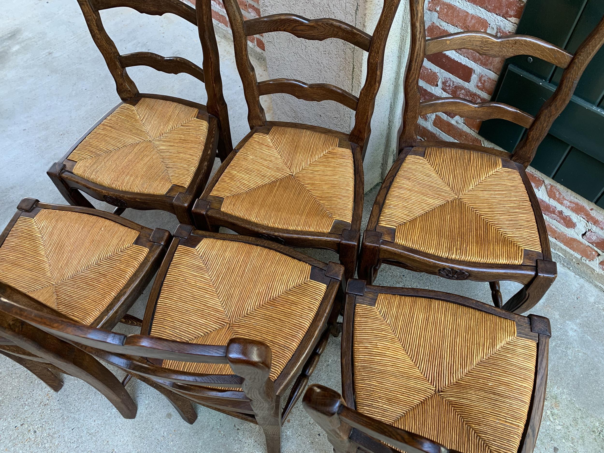 Set 6 Antique French Country Carved Oak Ladder Back Dining Chair Rush Seat 5