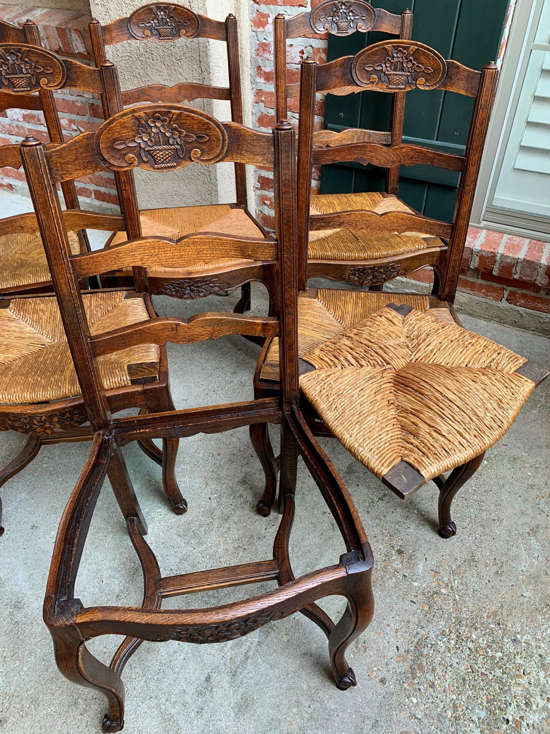 Set 6 Antique French Country Carved Oak Ladder Back Dining Chair Rush Seat 5