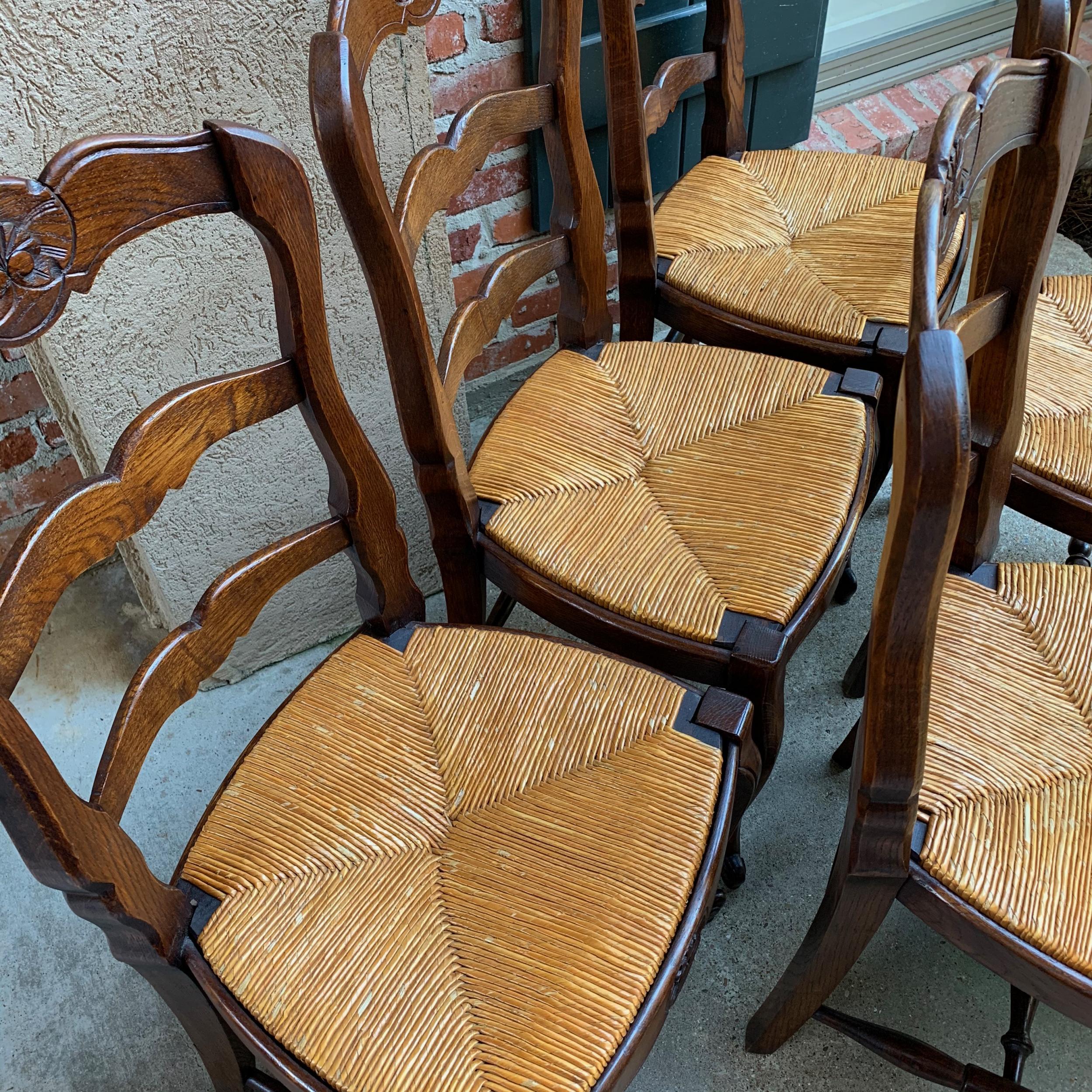 Set of 6 Antique French Country Carved Oak Ladder Back Dining Chair Rush Seat 5