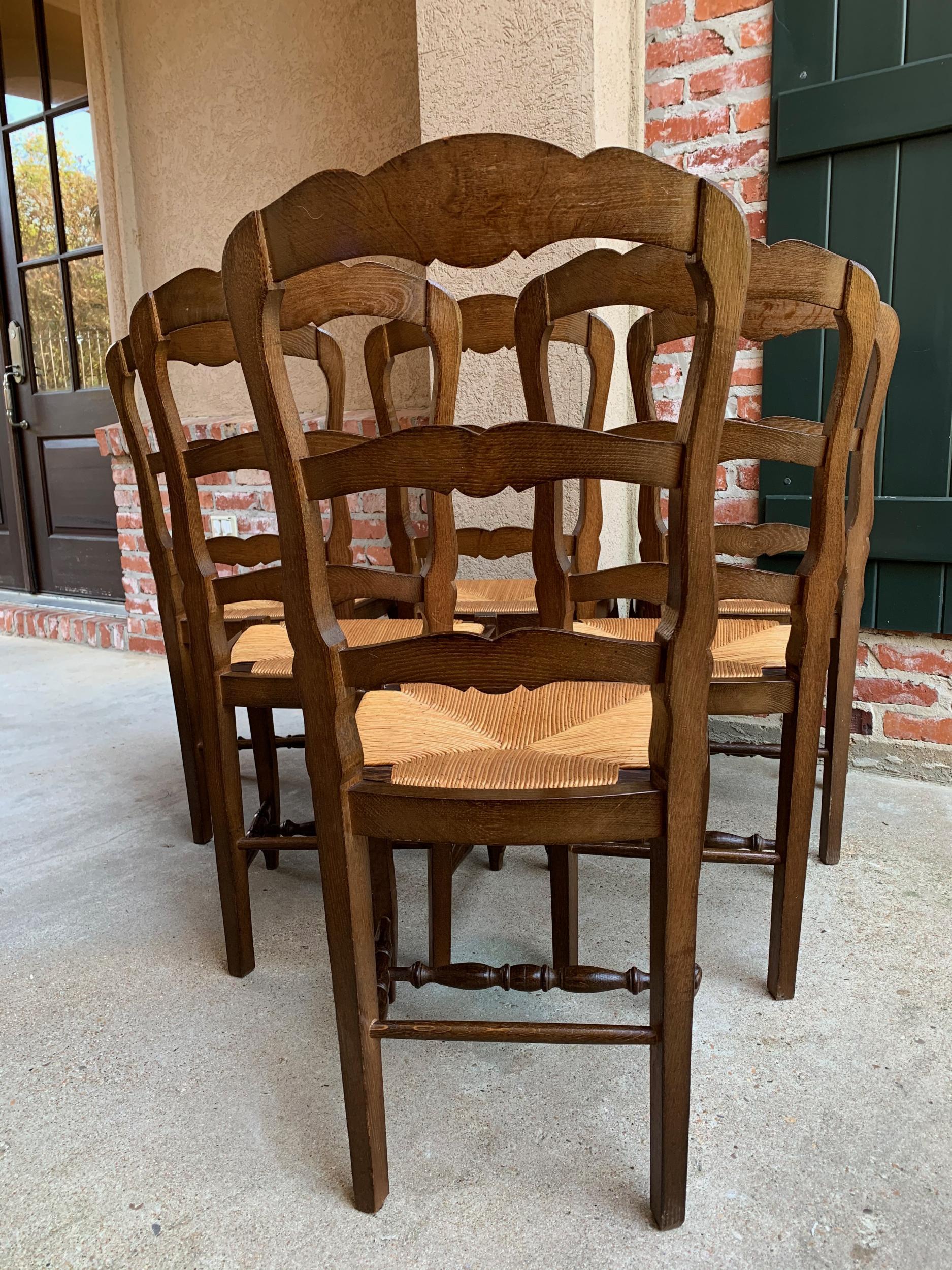 Set of 6 Antique French Country Carved Oak Ladder Back Dining Chair Rush Seat 3