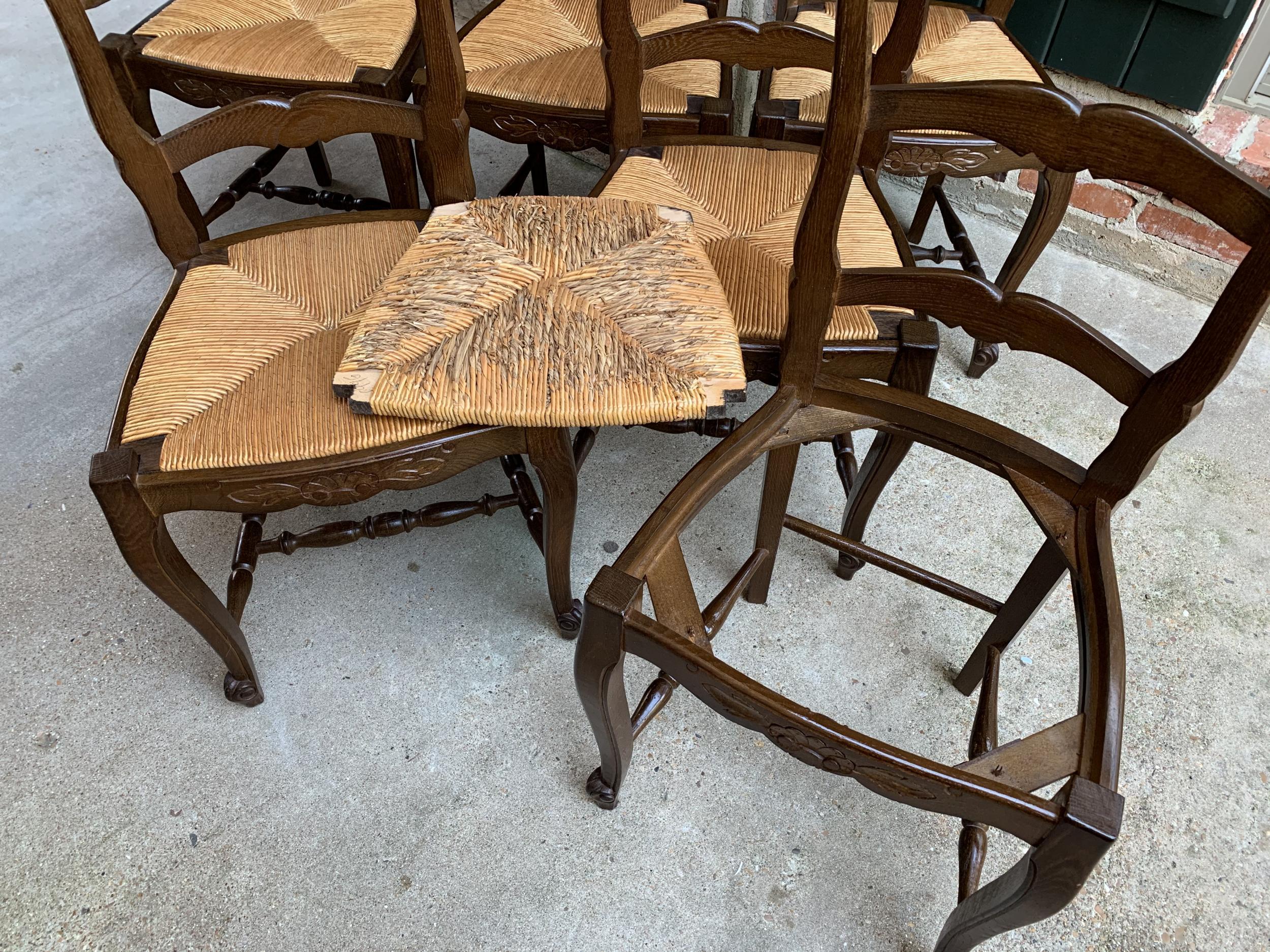 Set of 6 Antique French Country Carved Oak Ladder Back Dining Chair Rush Seat 4